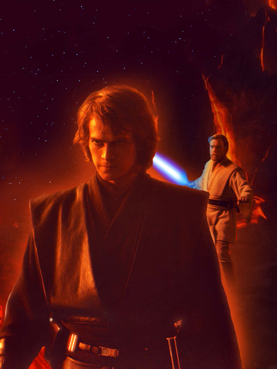 Mustafar 桌布 壁紙 — Anakin Skywalker 喺一個火熱嘅洞穴入面，手持藍色光劍，而 Obi-Wan Kenobi 喺佢後面，喺星空下睇住。