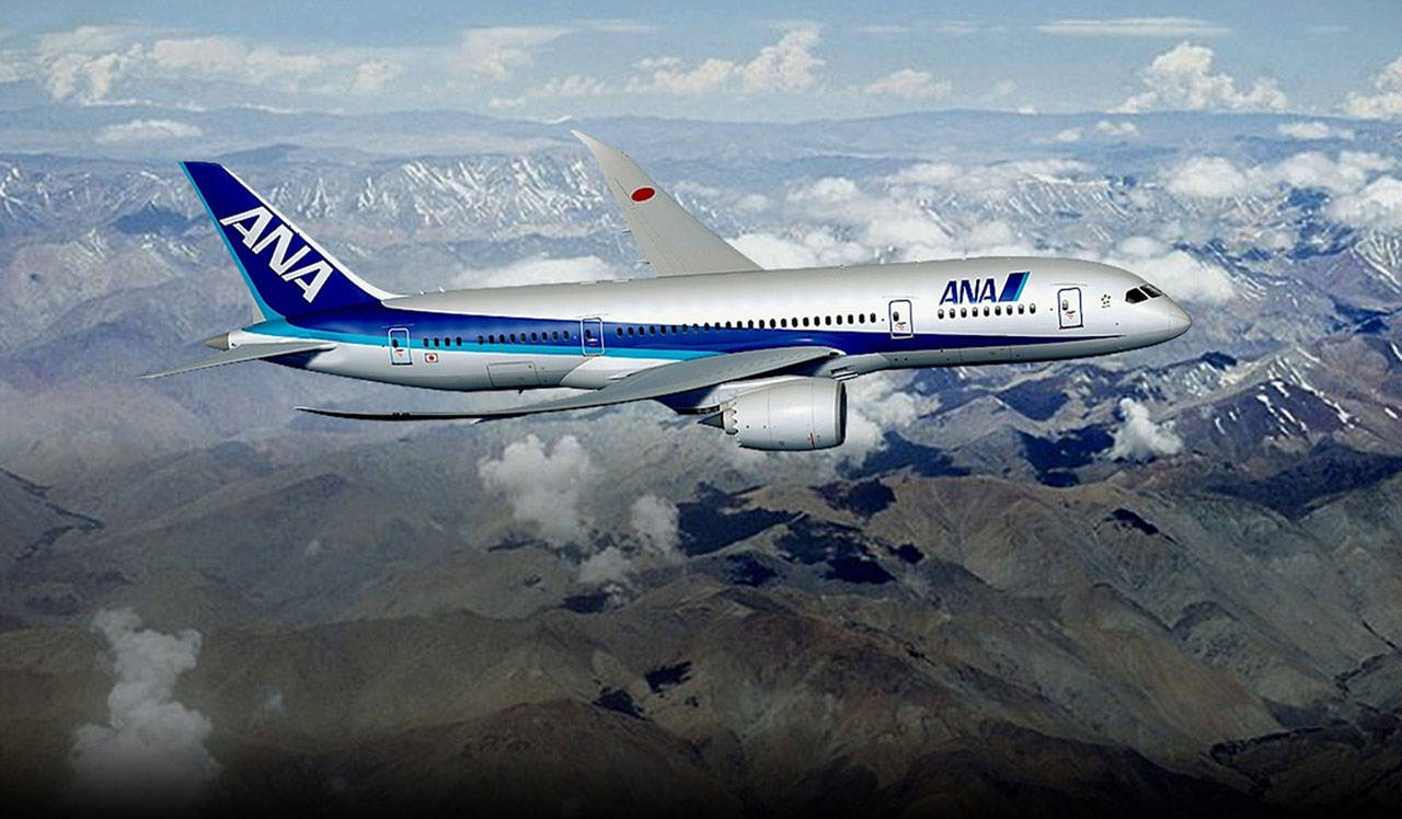 ANA 飛機飛越積雪的山脈和雲層。