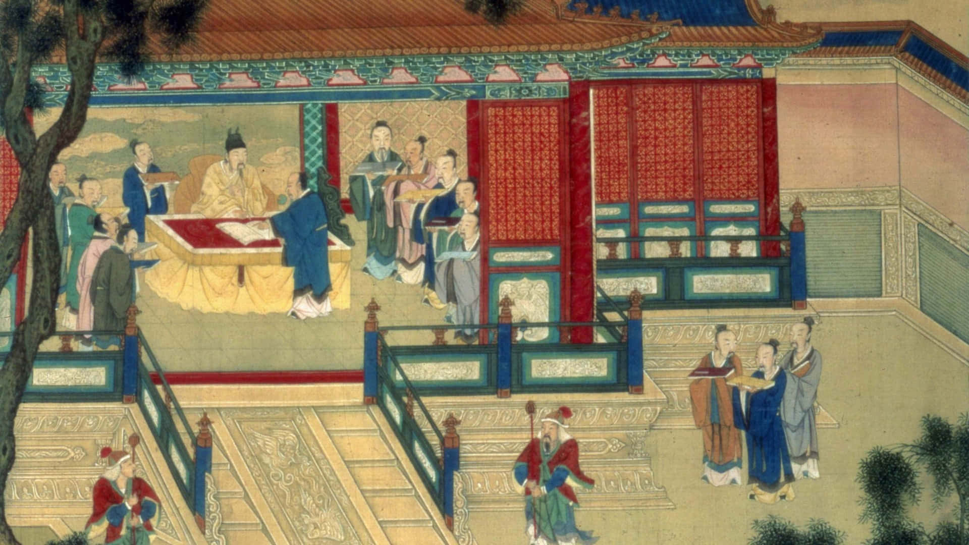  壁紙 — 古代中國宮廷場景，官員身穿傳統長袍，聚集在裝飾華麗的亭台樓閣下的中央桌子周圍。