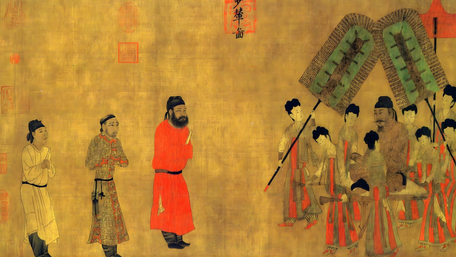  壁紙 — 古代中國朝臣身穿鮮豔長袍，在金色紋理背景下向一位顯貴鞠躬。