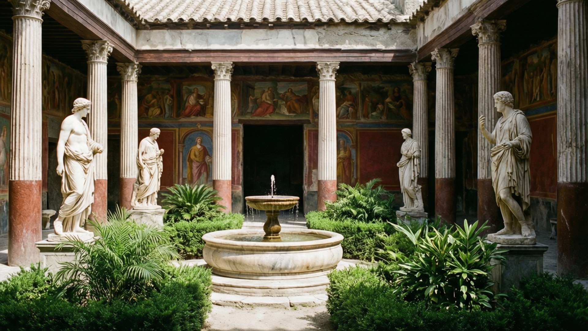 House of Vettii Courtyard 壁紙 — 古羅馬庭院，有大理石雕像、柱子、壁畫牆壁和中央噴泉，周圍環繞著茂密的綠植。