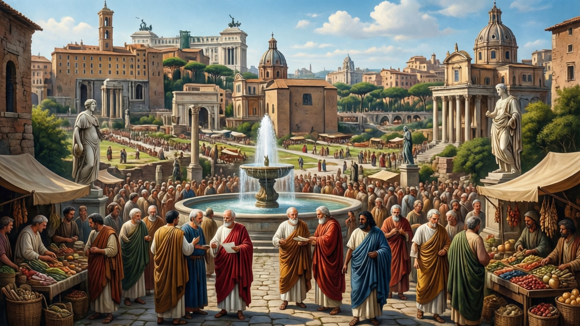 Roman Empire 桌布 壁紙 — 一個繁華的古羅馬市場圍繞著中央噴泉蓬勃發展，身穿托加袍的商販和市民置身於宏偉的古典建築中，在明亮的藍天下。