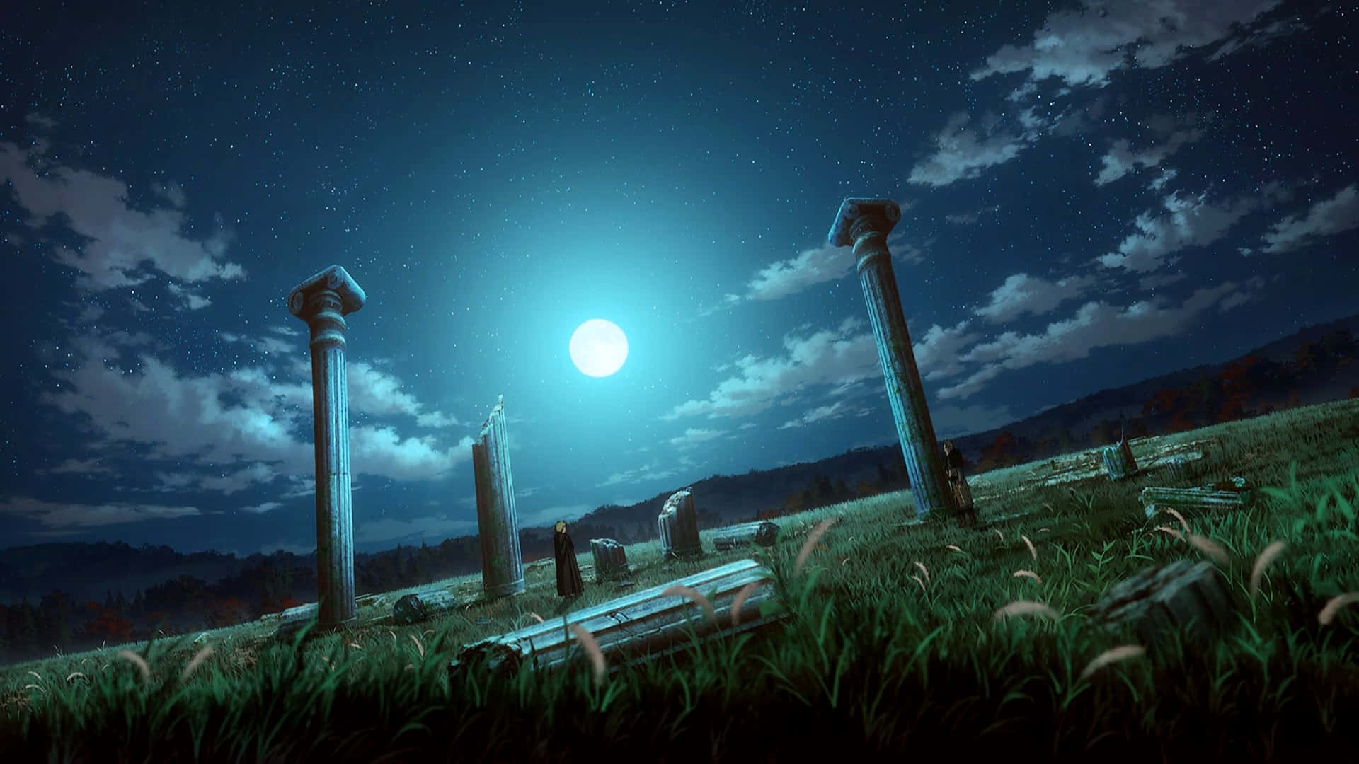  壁紙 — 古代石柱矗立在草地上，明亮的月亮和繁星點點的夜空下。