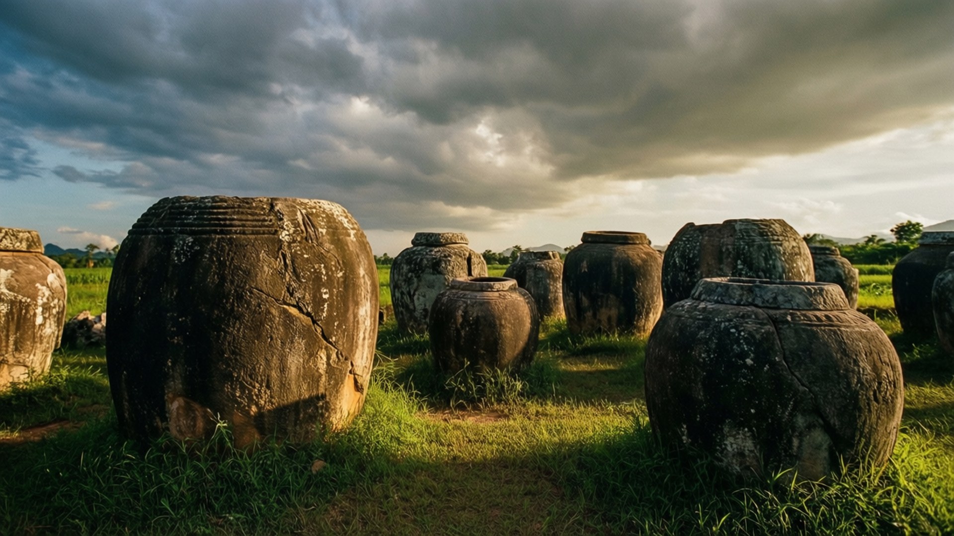 Mysterious Plain of Jars 壁紙 — 古老風化的石甕矗立在草地上，上方是戲劇性的多雲天空，金色陽光穿透雲層。