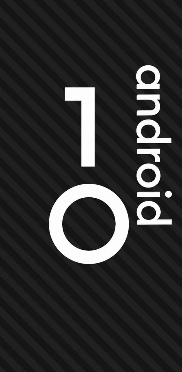 Android 10 標誌在黑色對角線條紋背景上
