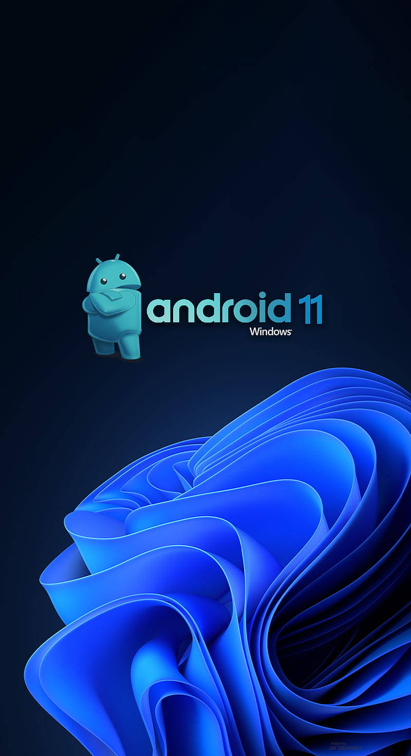 Android 11 藍色背景 壁紙 — 一個風格化的藍色 Android 11 吉祥物站在流動的藍色抽象波浪旁邊，背景為深色。