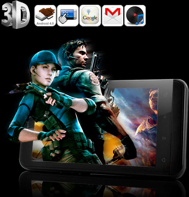 Android 3D 遊戲體驗 壁紙 — 兩名身穿戰術裝備的武裝士兵從顯示熾熱日落場景的智能手機屏幕中出現。