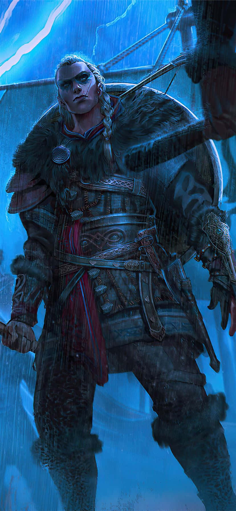 刺客信條：維京紀元 Android 背景 - 站立 壁紙 — 一個兇猛的戰士，辮子頭髮，穿著毛皮襯裡的盔甲，站在暴風雨中，閃電在他身後噼啪作響。