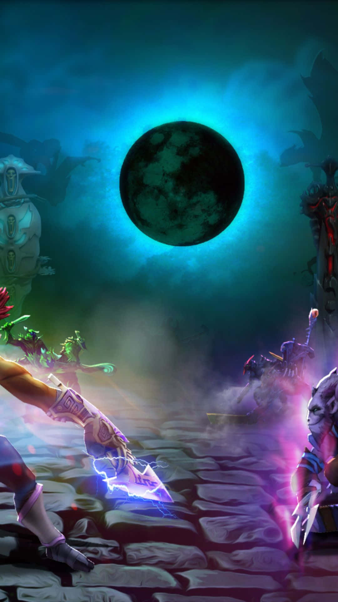 Android Dota 2 反魔法師背景 壁紙 — 奇幻戰士在神秘黑暗的競技場中，於發光綠色月亮下的石徑上交鋒。