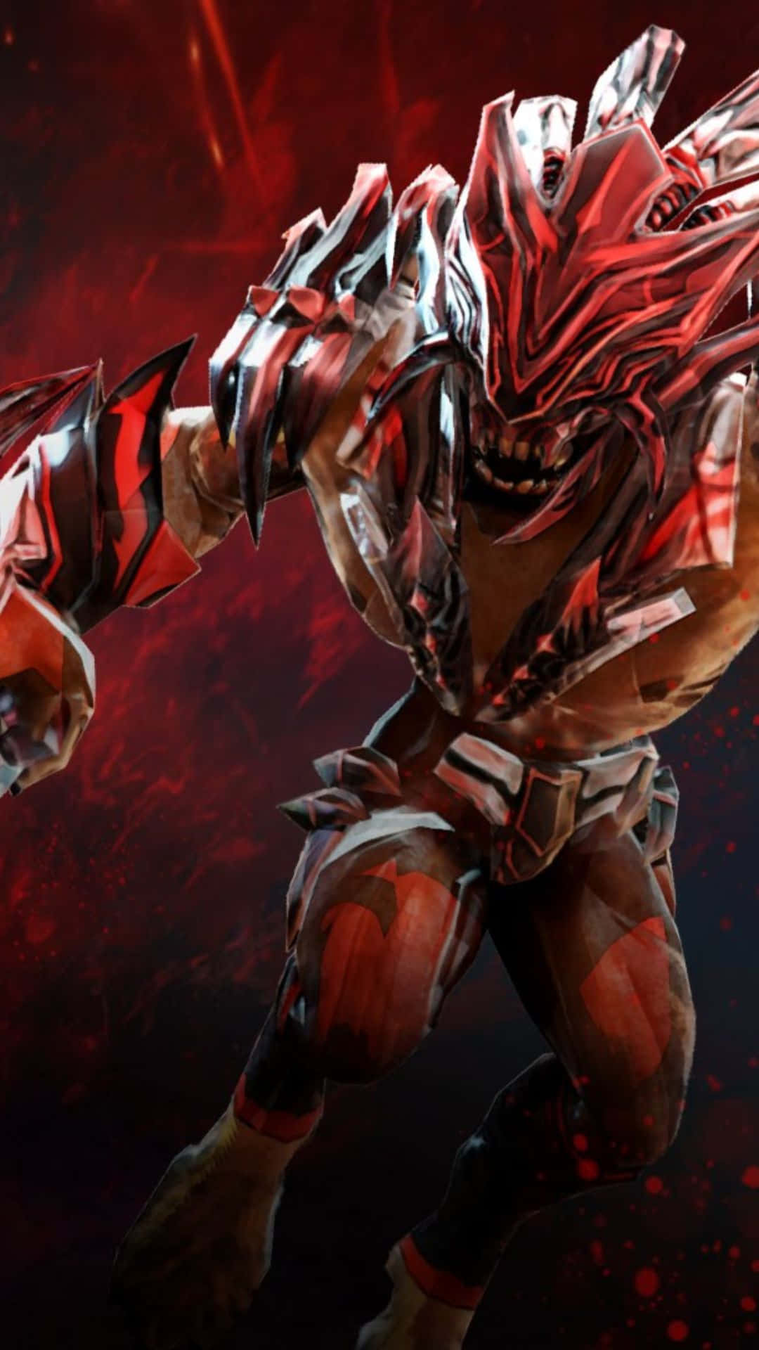 Android Dota 2 背景：血魔 壁紙 — 一個帶有鋸齒狀尖刺的紅色和銀色裝甲戰士，在深紅色的背景下向前猛衝。