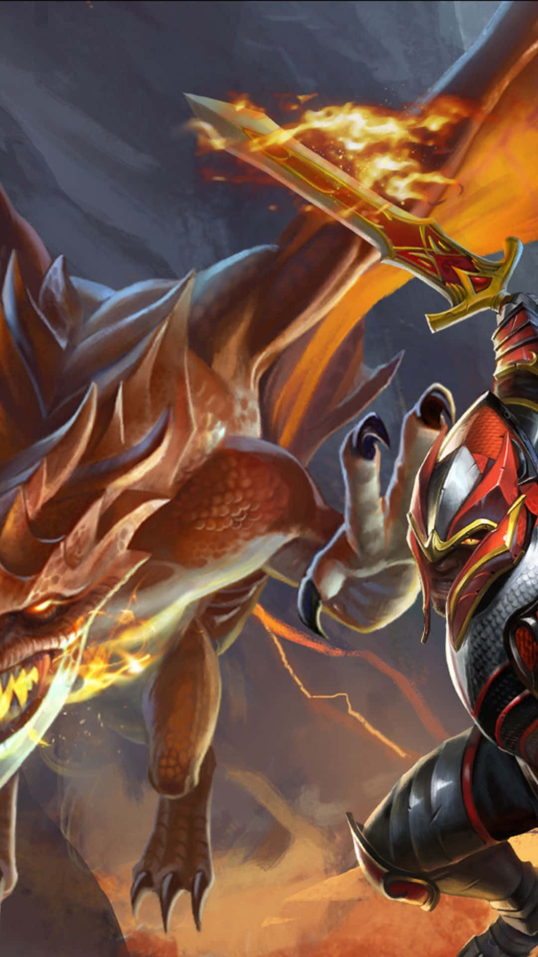 Android Dota 2 背景：龍騎士 壁紙 — 一名身穿火焰鎧甲的戰士，用火焰劍斬向咆哮的巨龍，上演一場戲劇性的奇幻戰鬥。