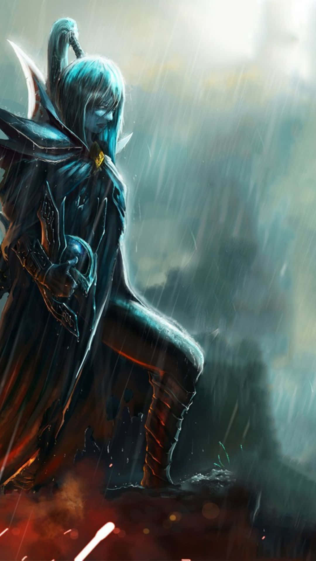 Android Dota 2 背景：雨中幻影刺客 壁紙 — 一位藍髮精靈戰士身穿暗色盔甲，獨自站在暴風雨中，腳邊有發光的紅色餘燼。