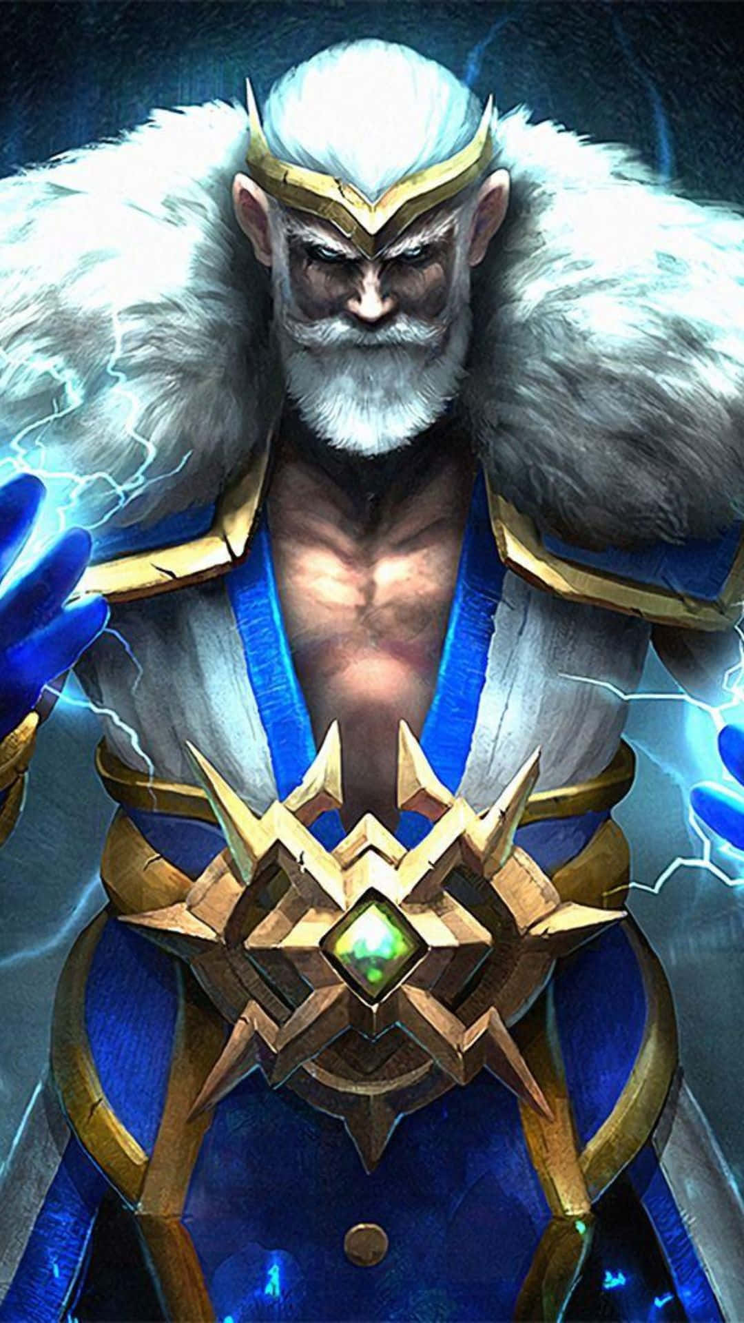 Android Dota 2 背景：宙斯 壁紙 — 一位強大的奇幻戰士，白髮白鬍，身穿藍金鎧甲，從手中引導閃電。