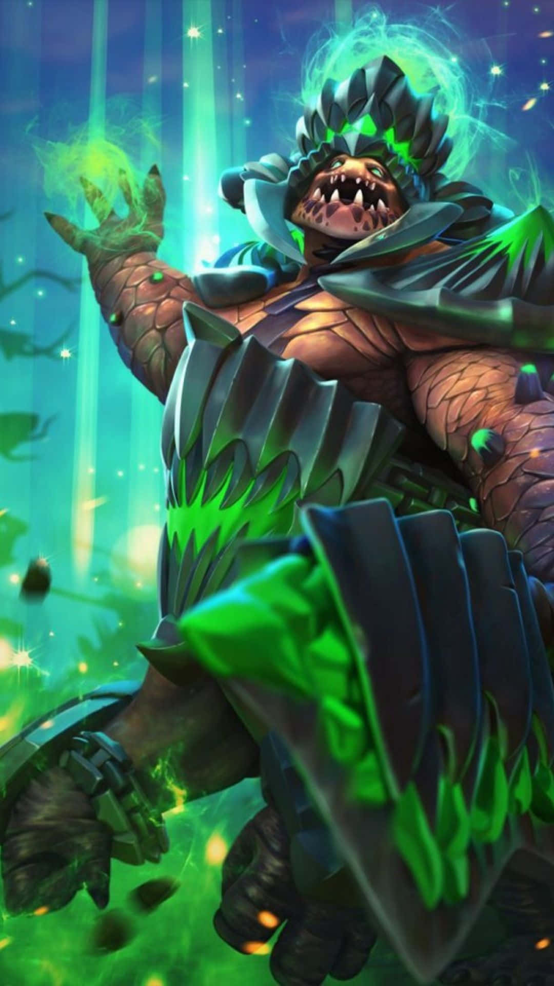 Android Dota 2 背景：主宰施放火風暴 壁紙 — 一個怪獸般的爬蟲類戰士，帶有發光的綠色能量通道，在夜晚的神秘森林中引導力量。