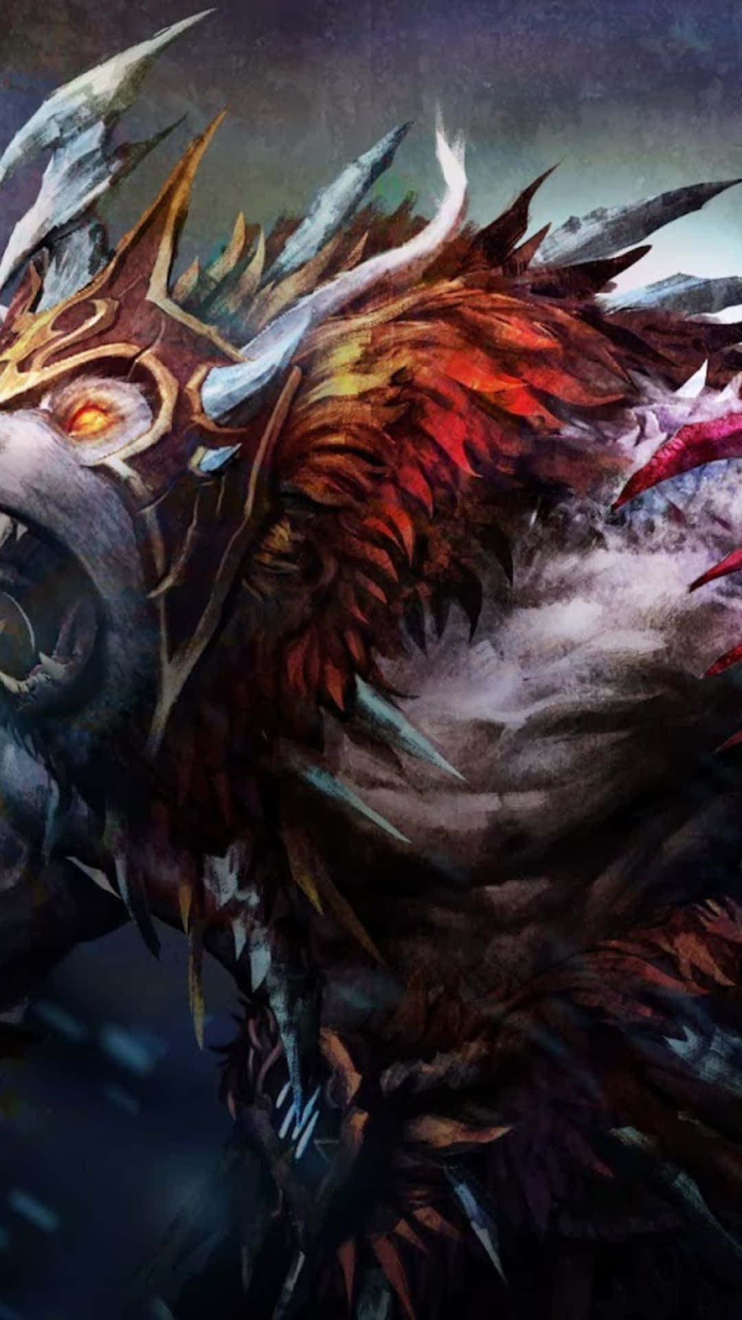 Android Dota 2 背景：熊戰士 壁紙 — 一隻兇猛的奇幻野獸，擁有發光的橙色眼睛和火紅色的皮毛，對著暴風雨中的黑暗天空咆哮。
