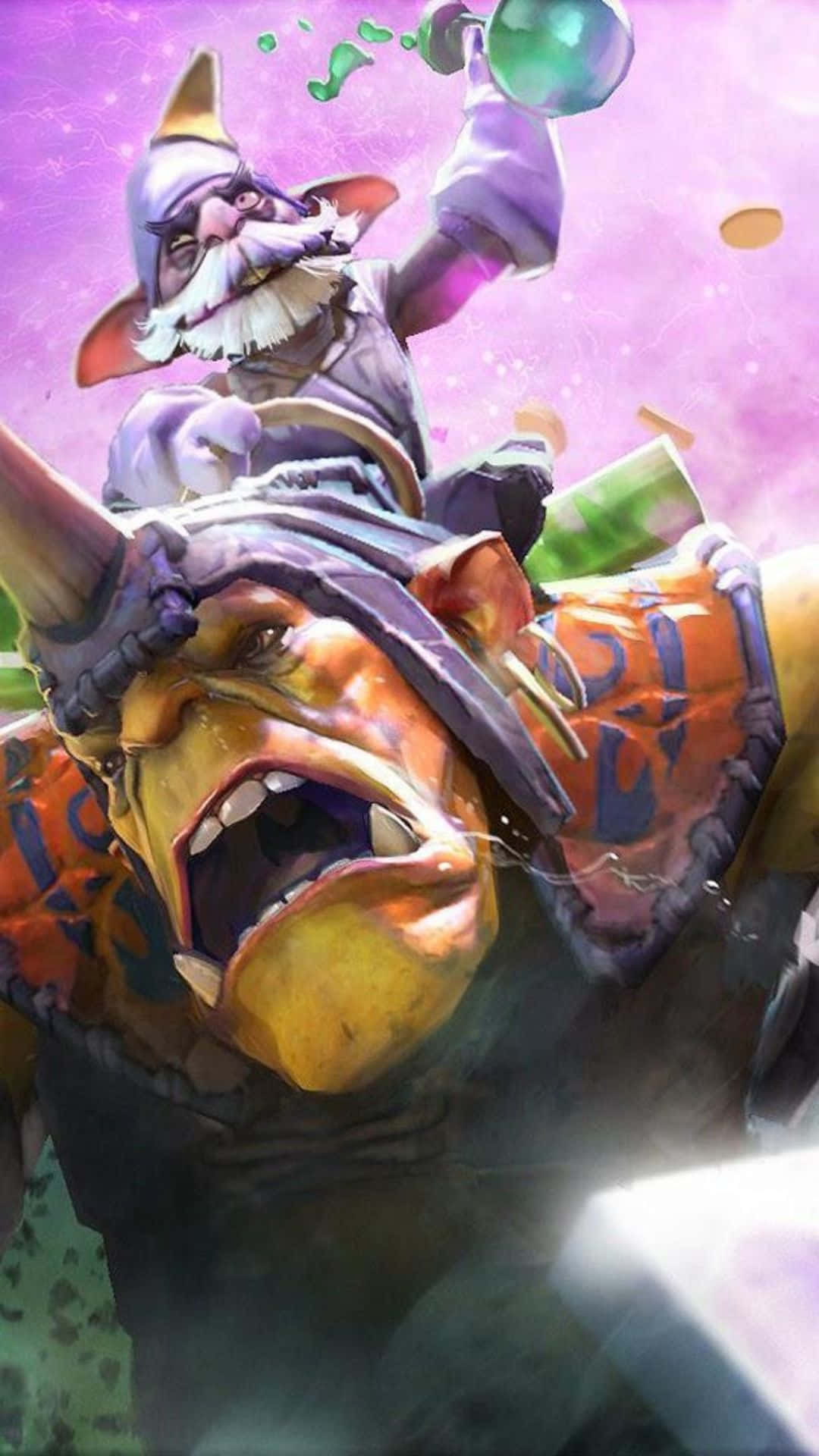 Android Dota 2 背景：煉金術士 壁紙 — 一個灰鬍子地精巫師騎著咆哮的裝甲食人魔，穿過閃爍的紫色天空，倒出發光的綠色藥水。