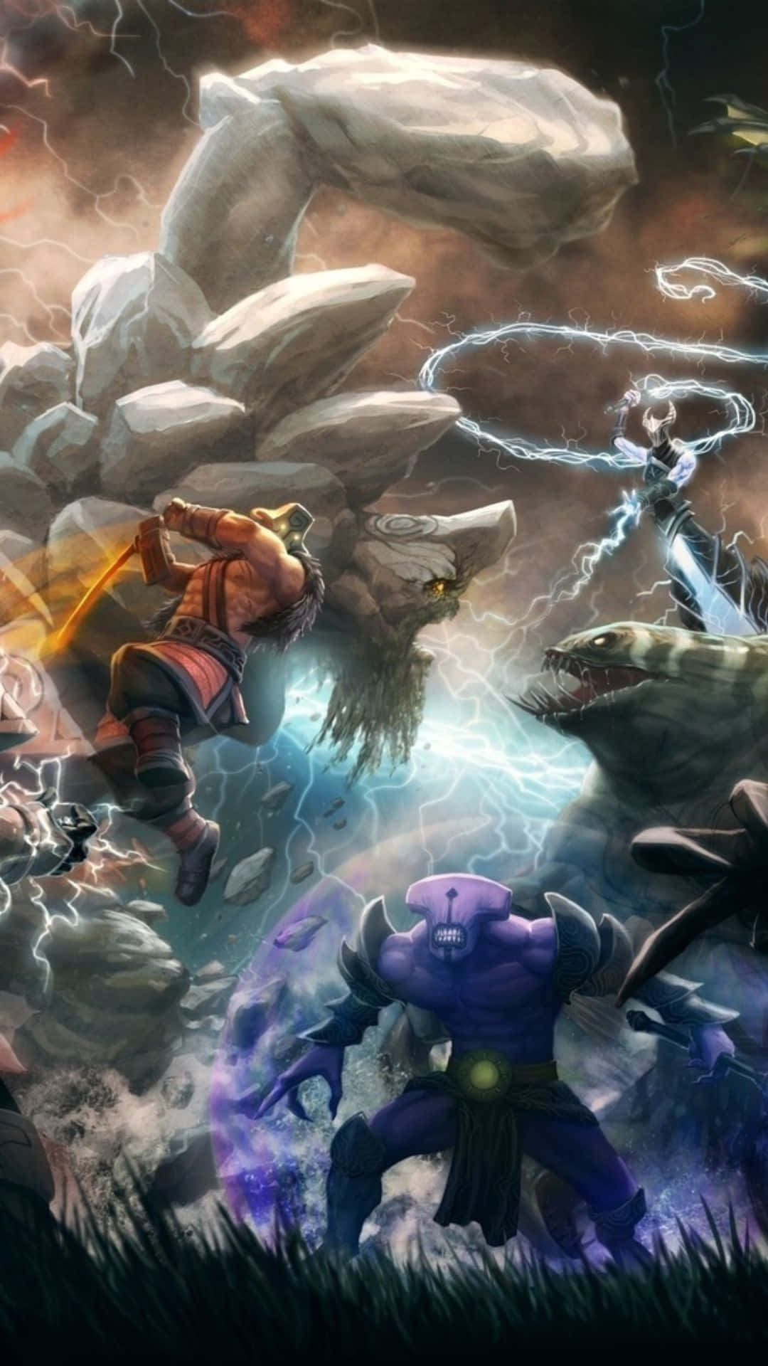 Android Dota 2 背景：無面死靈與狂戰士的載入畫面 壁紙 — 一個動態的奇幻戰鬥場景，戰士與怪物在浮石和閃電中碰撞。