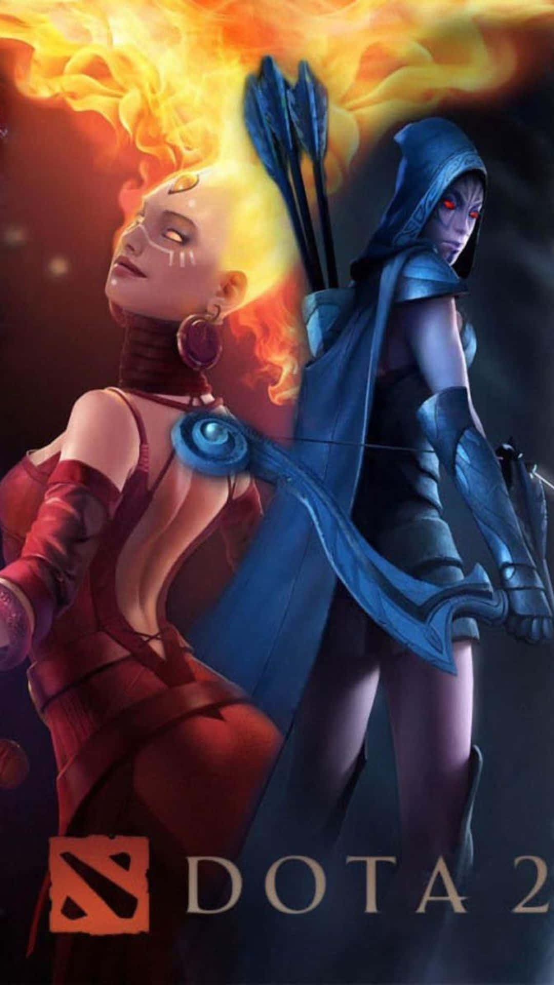 Android Dota 2 背景：莉娜與暗夜女爵海報 壁紙 — 兩位奇幻英雄，一位閃耀著火焰，另一位披著藍色斗篷，在一幅戲劇性的 Dota 2 宣傳藝術作品中準備戰鬥。
