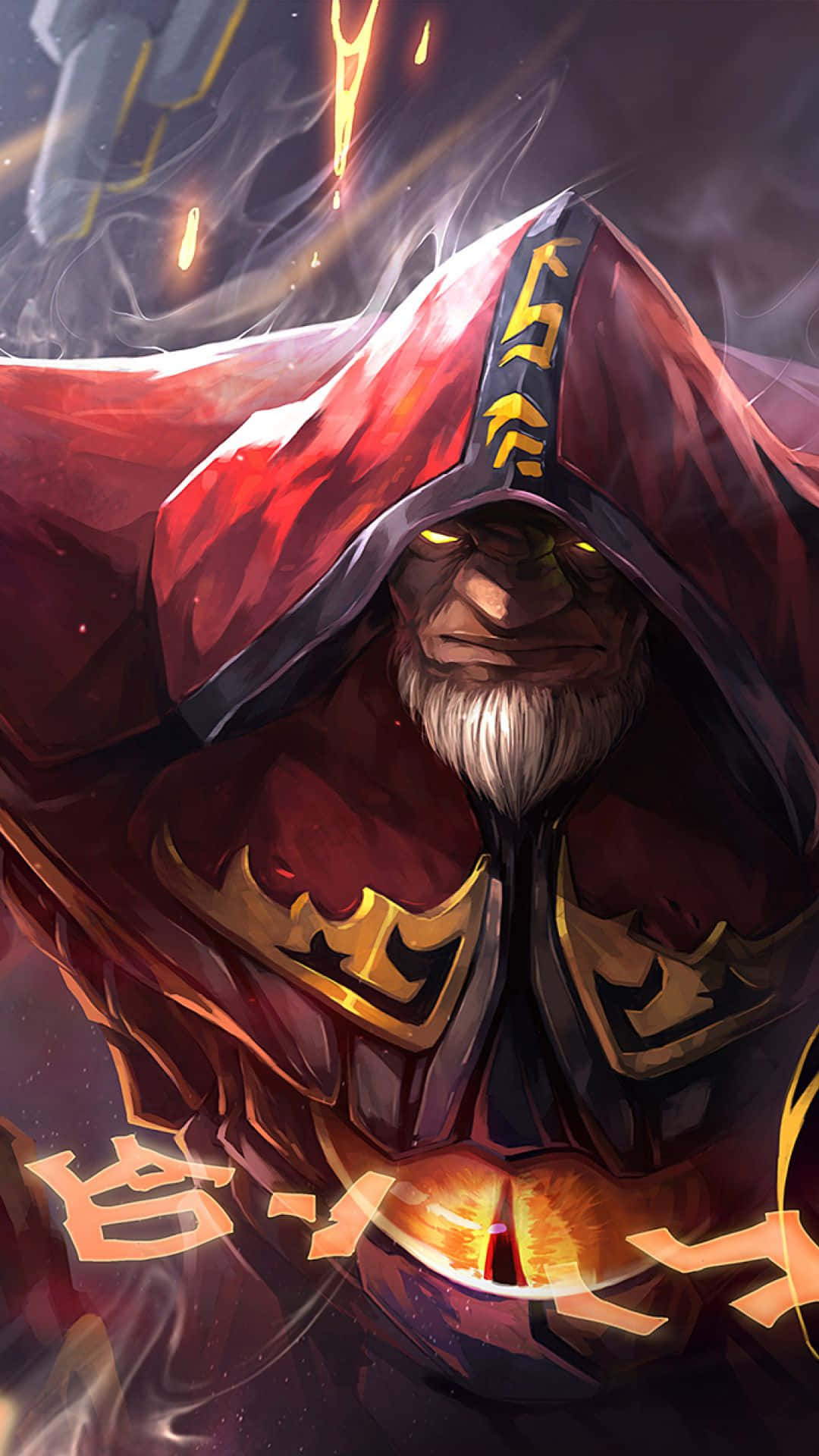 Android Dota 2 背景：巫師 壁紙 — 一個戴著兜帽、眼睛發光、披著火紅斗篷的威脅人物，站在旋轉的黑暗能量和金色符文之中。