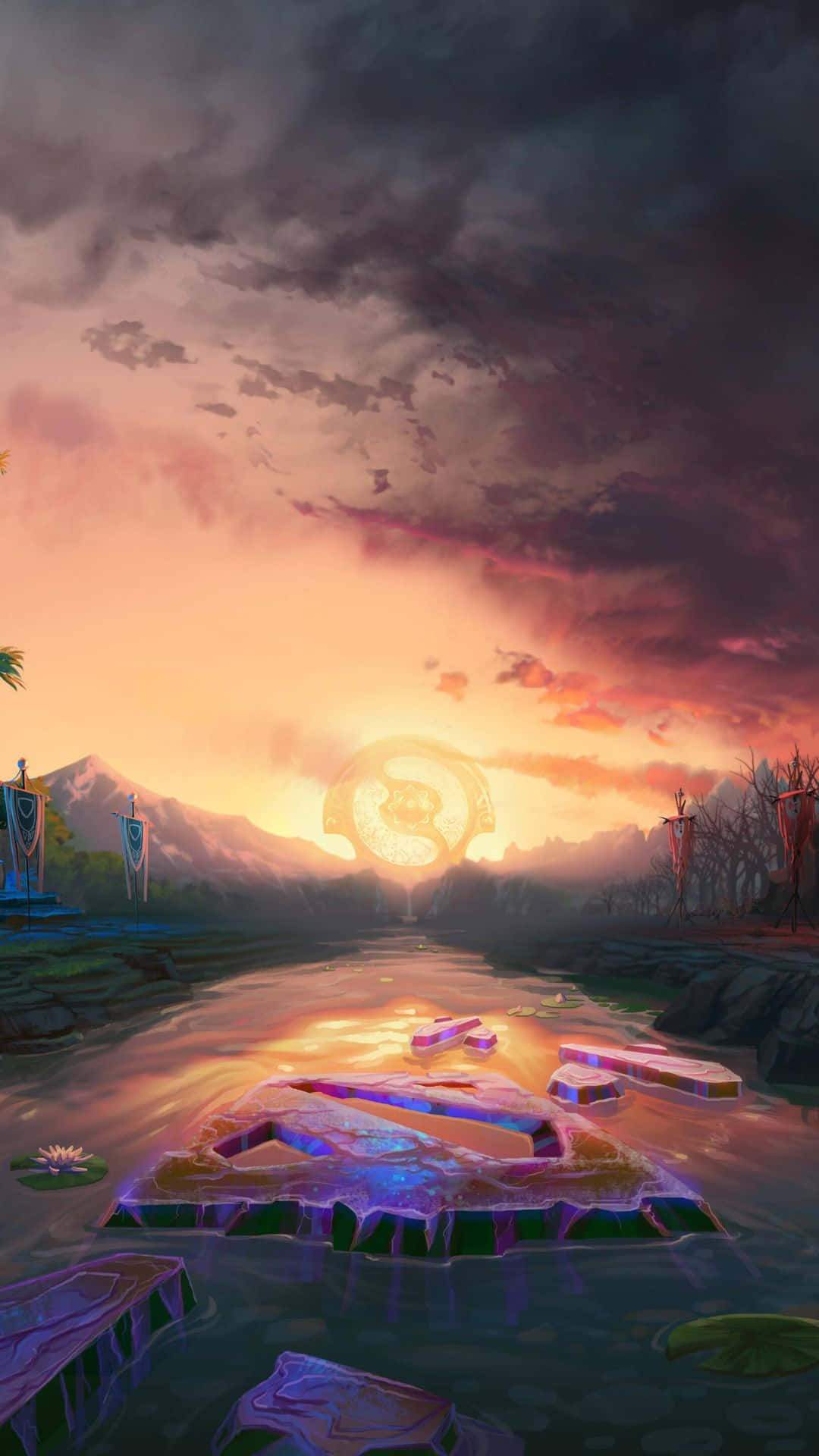 Android Dota 2 背景：河畔 Dota 2 標誌 壁紙 — 一條神秘的河流流經暮色景觀，有發光的廢墟和陰陽太陽從山後升起。