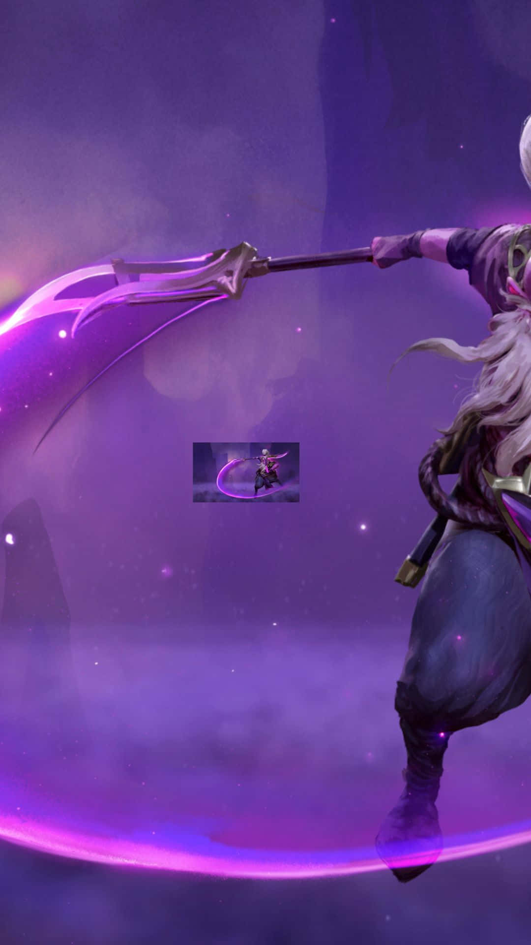 Android Dota 2 背景：虛空靈魂 壁紙 — 一位白髮戰士在宇宙紫色星雲背景下揮舞著發光的紫色鐮刀。