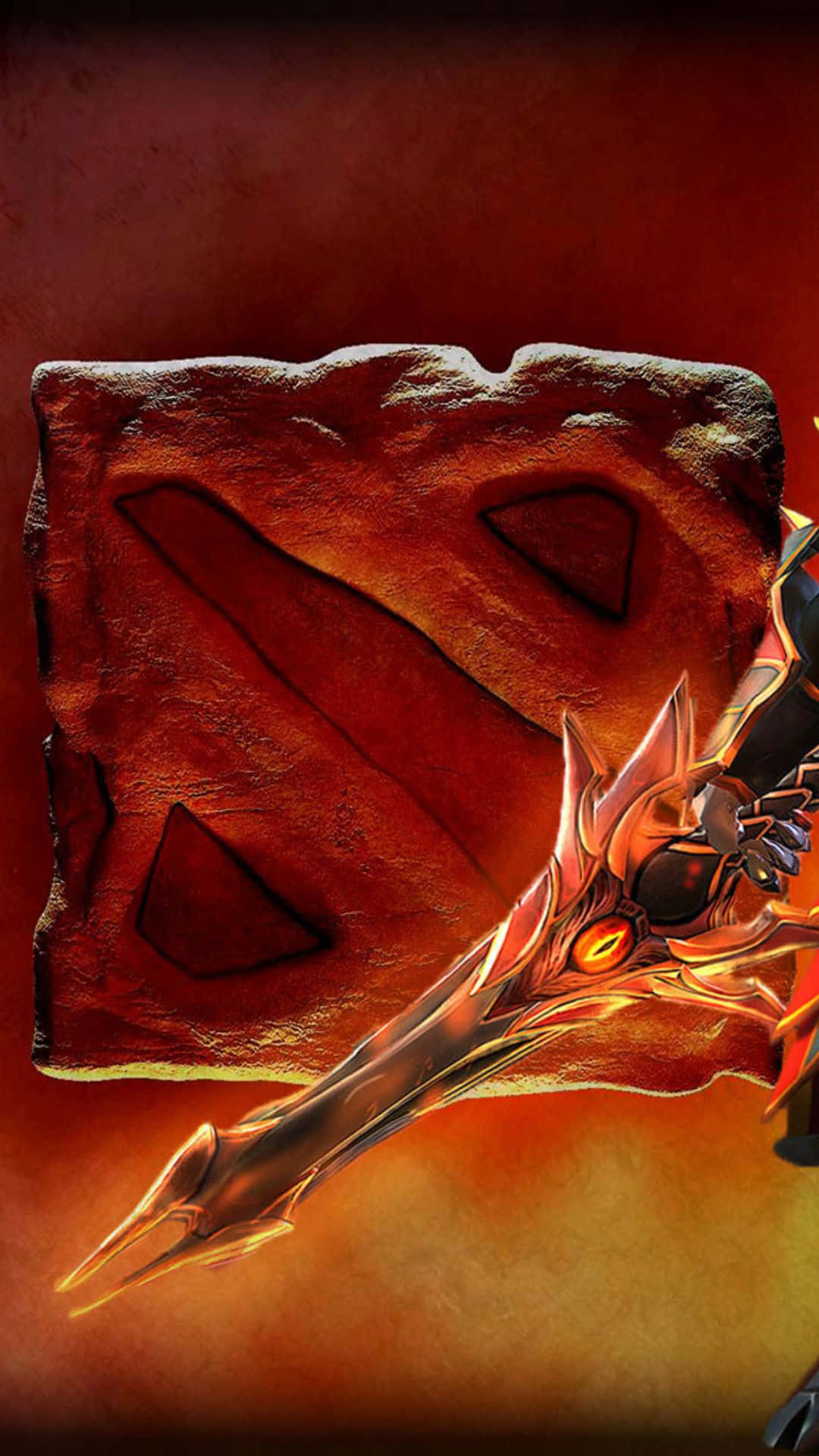 Android Dota 2 背景：火焰標誌 壁紙 — 一把帶有火焰橙色點綴的發光華麗劍刺穿了一塊裂開的紅色石板，背景是溫暖的漸變色。