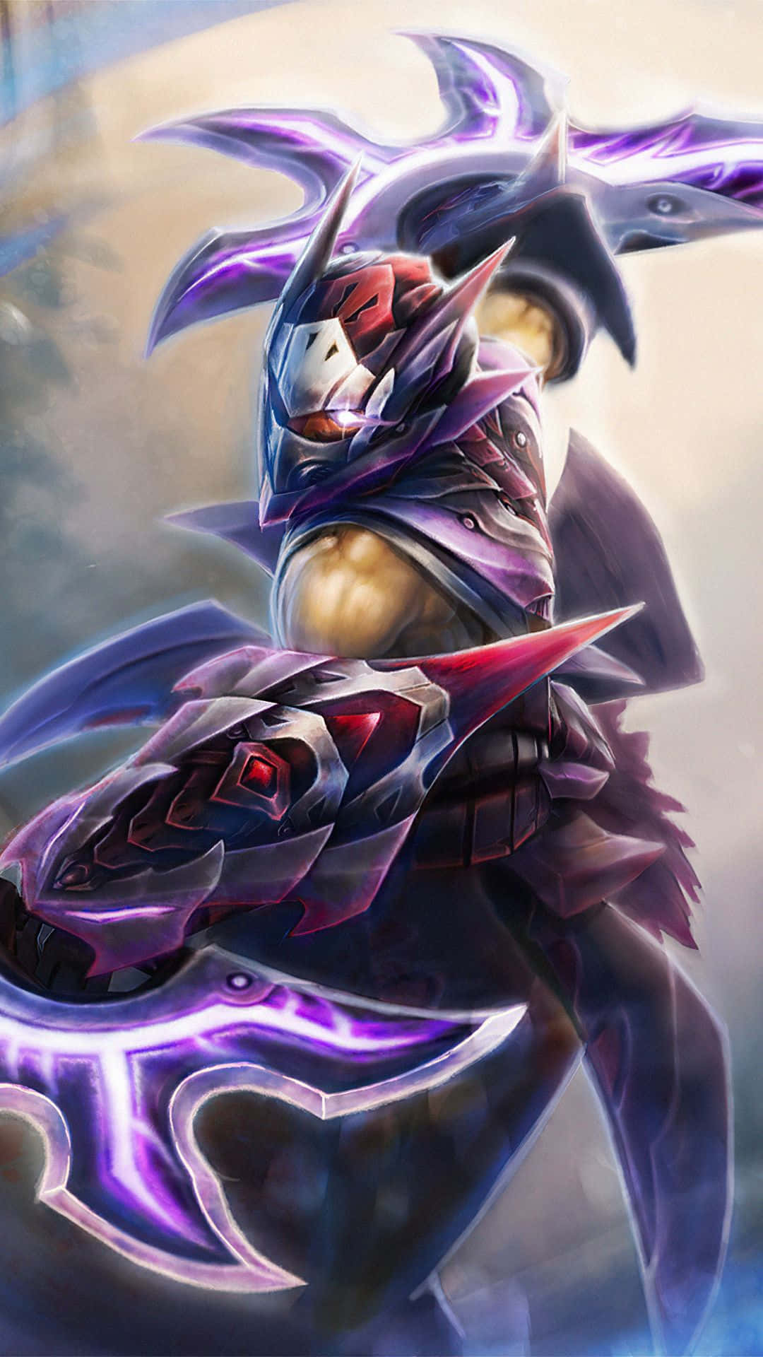 Android Dota 2 背景：反魔法騎士 壁紙 — 一名兇猛的裝甲戰士，手持發光的紫色刀刃，戴著威嚇的頭盔，在陰雲密布的天空下準備戰鬥。