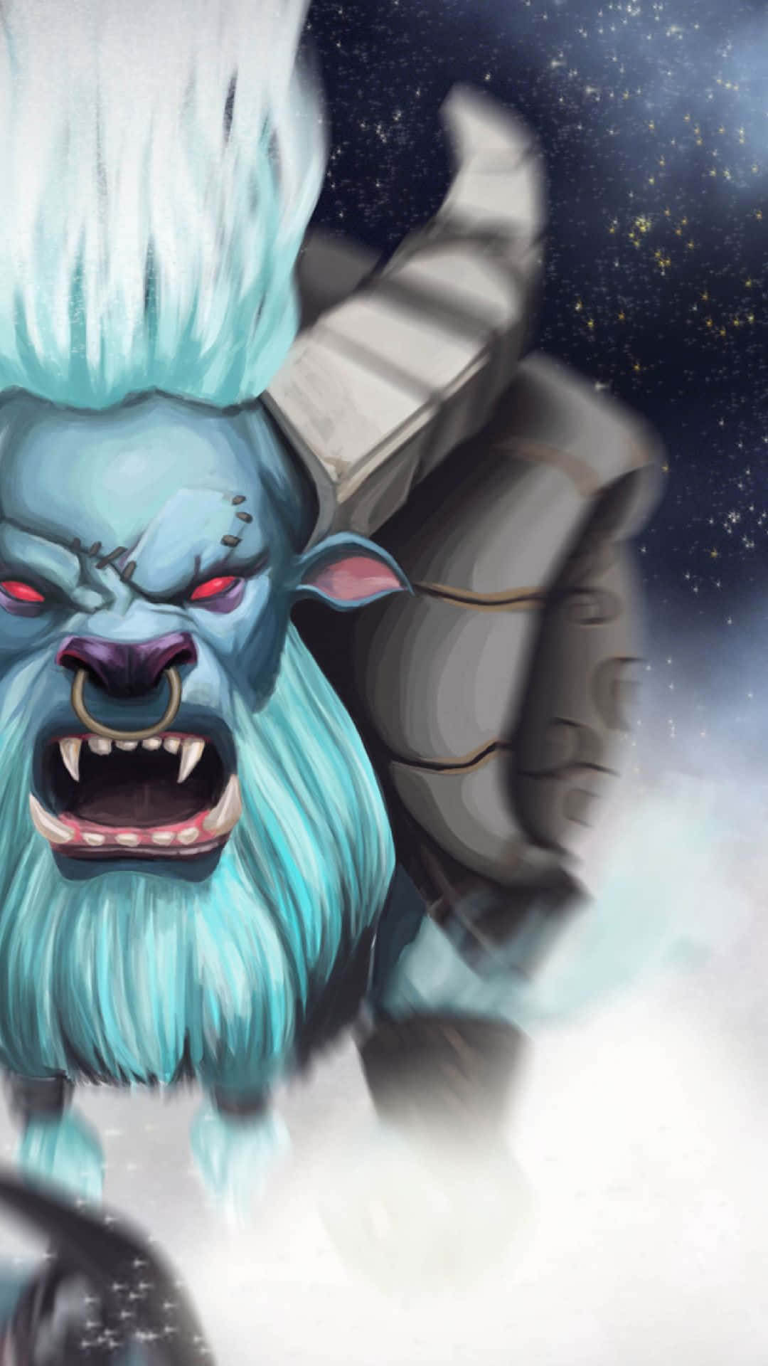 Android Dota 2 背景：靈魂破壞者 壁紙 — 一隻兇猛的藍毛野獸，擁有發光的紅眼睛和冰角，在星空宇宙背景下咆哮。