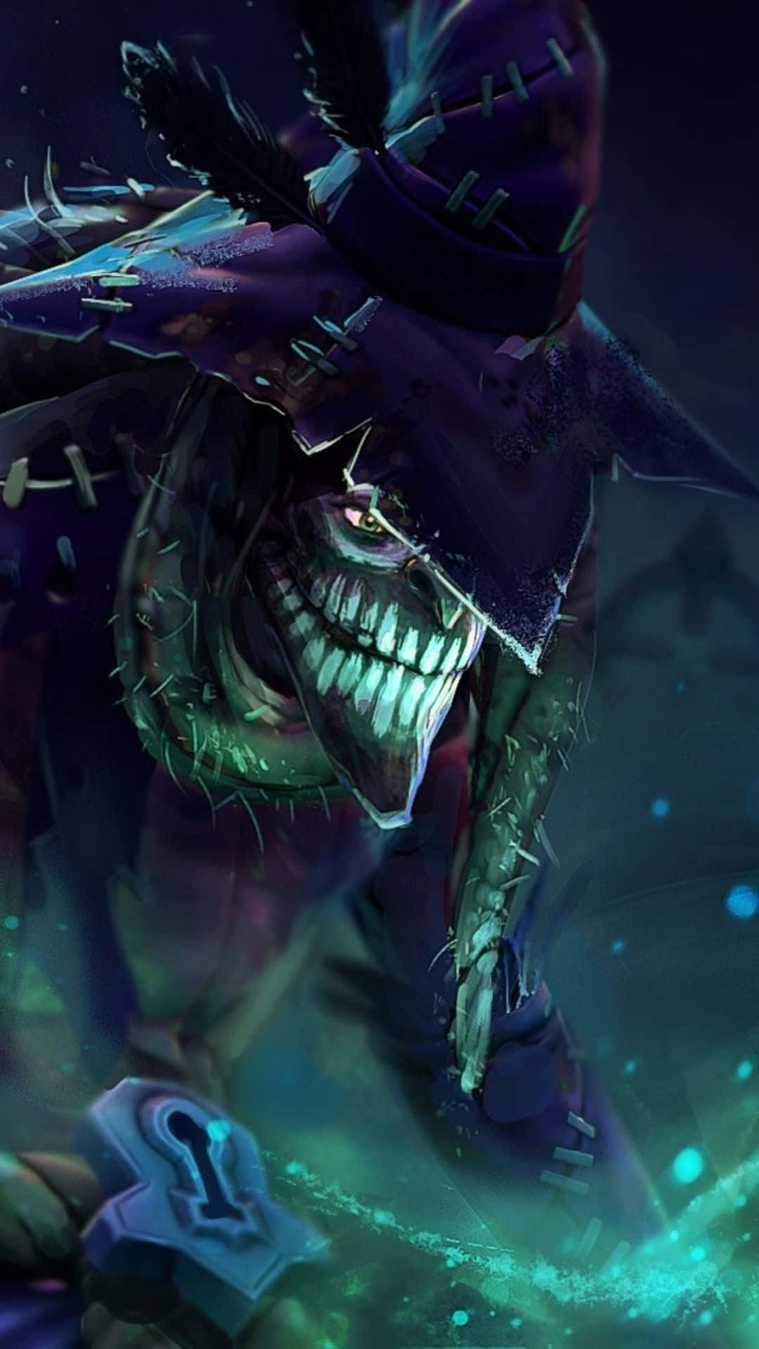 Android Dota 2 背景：魅惑 壁紙 — 一個縫合而成的可怕稻草人，眼睛發光，咧嘴大笑，在詭異的綠色和紫色燈光中聳立。