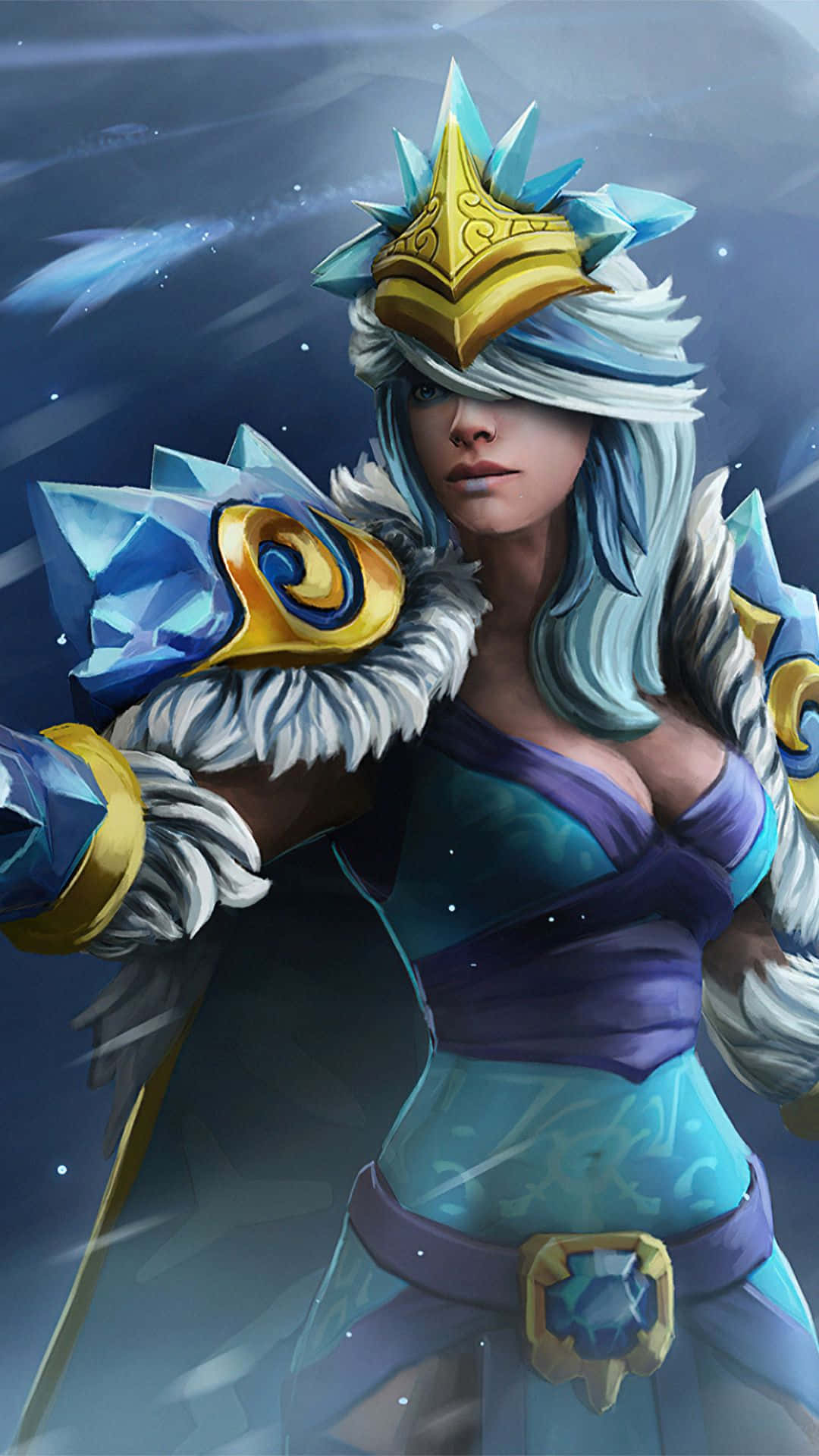 Android Dota 2 背景：水晶女郎同人畫作 壁紙 — 一位以霜為主題的戰士，擁有冰藍色頭髮和水晶盔甲，在繁星點點的夜空下蓄勢待發。