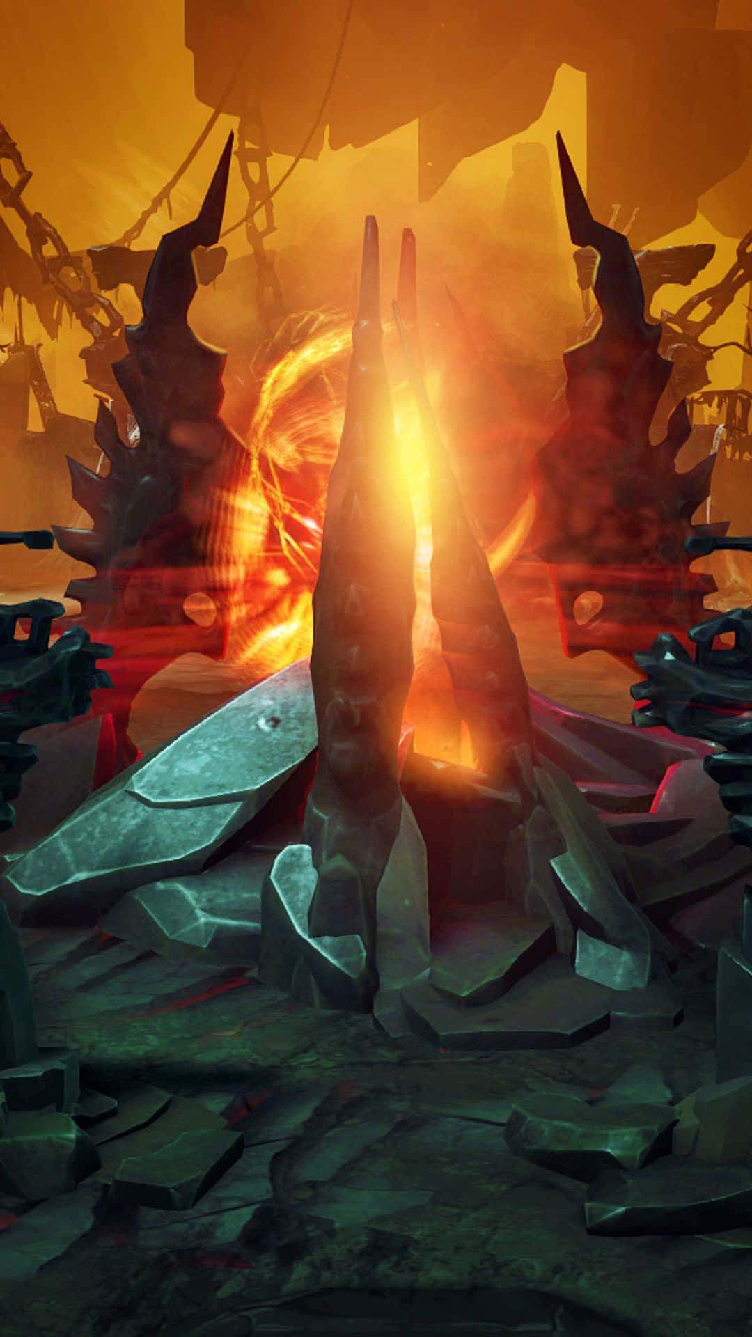 Android Dota 2 背景：黑暗方王座 壁紙 — 在橙色天空下，一個發光的火熱核心從鋸齒狀的黑曜石尖塔中噴發，形成破碎、熔化的景觀。