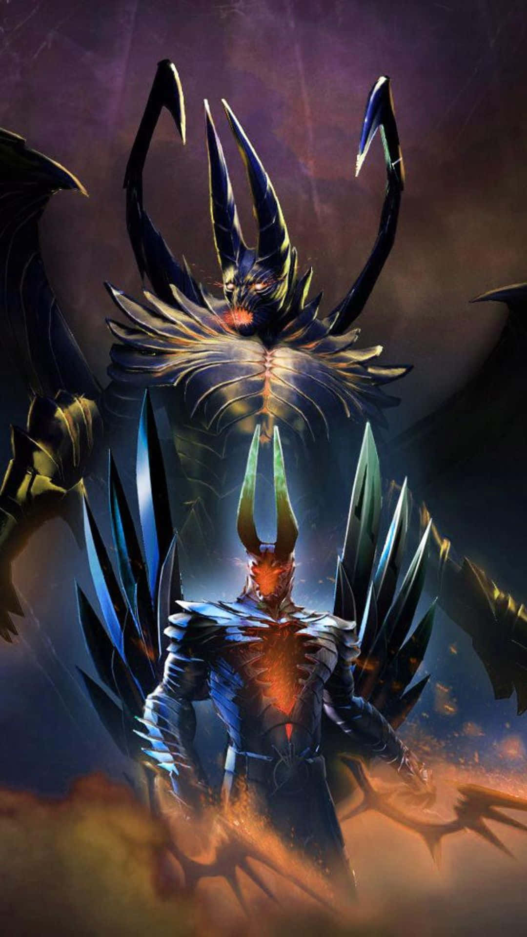 Android Dota 2 背景：恐懼之刃 壁紙 — 一個長有尖刺翅膀和發光眼睛的高聳惡魔形象，在黑暗熾熱的風景中籠罩著一個較小的裝甲戰士。