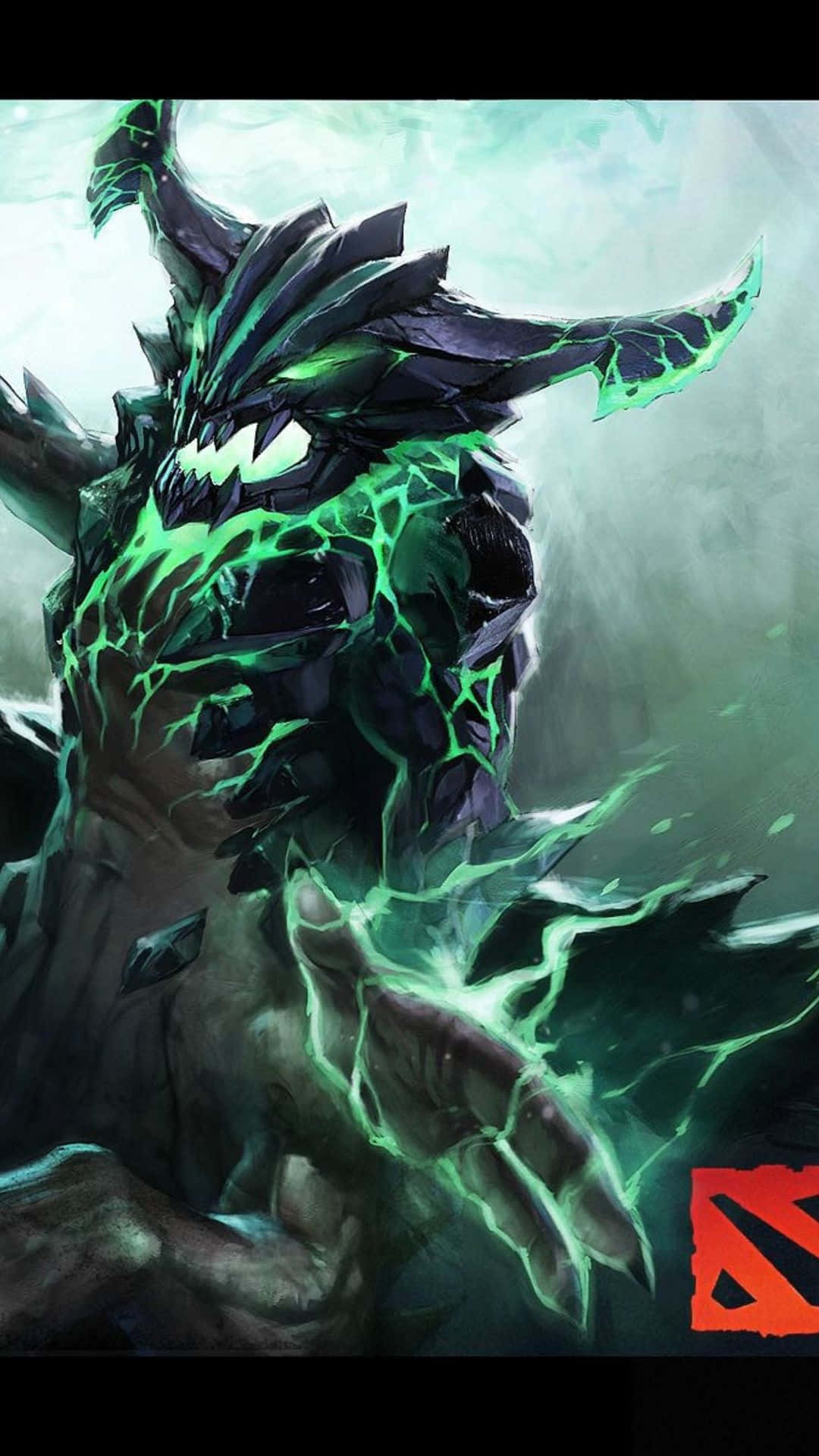 Android Dota 2 背景：外域毀滅者 壁紙 — 一個帶有綠色發光能量、在鋸齒狀盔甲和伸出的手上噼啪作響的威脅性黑暗生物。