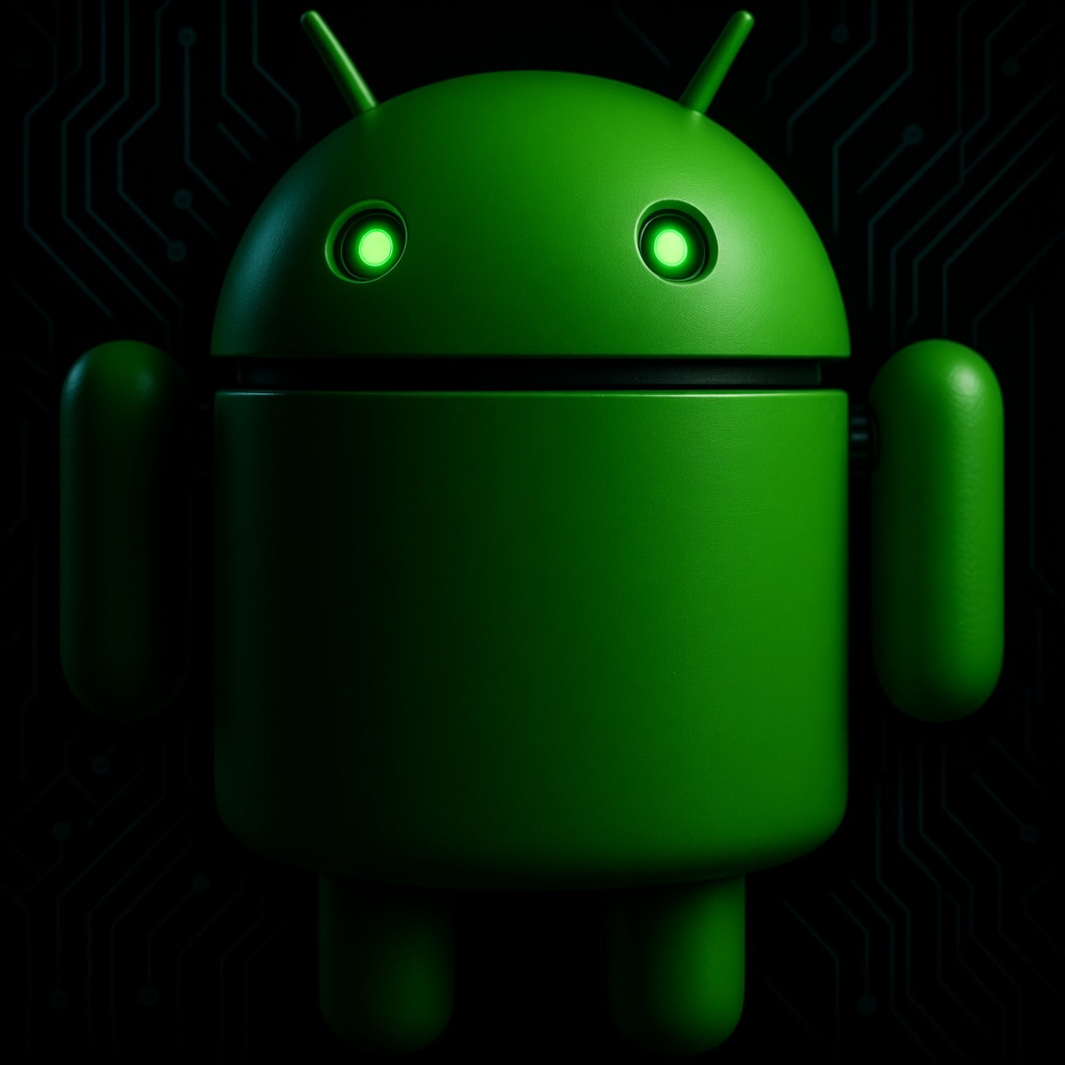 綠色Android機械人，眼睛發光，背景為黑暗電路板