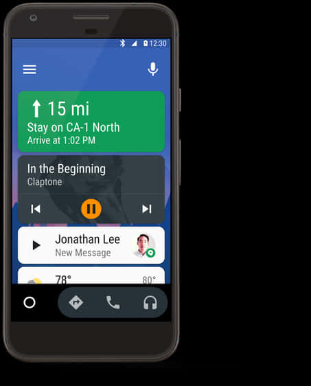 Android 手機多工介面 壁紙 — 一部智能手機顯示一個導航應用程式，顯示距離目的地15英里，並附有音樂和訊息通知。