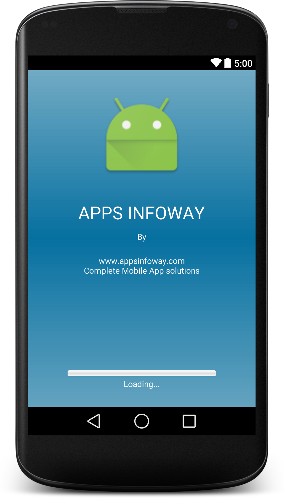 Android 應用程式載入畫面 壁紙 — 智能手機顯示Android應用程式的載入畫面，帶有綠色機械人標誌和藍色漸變背景。