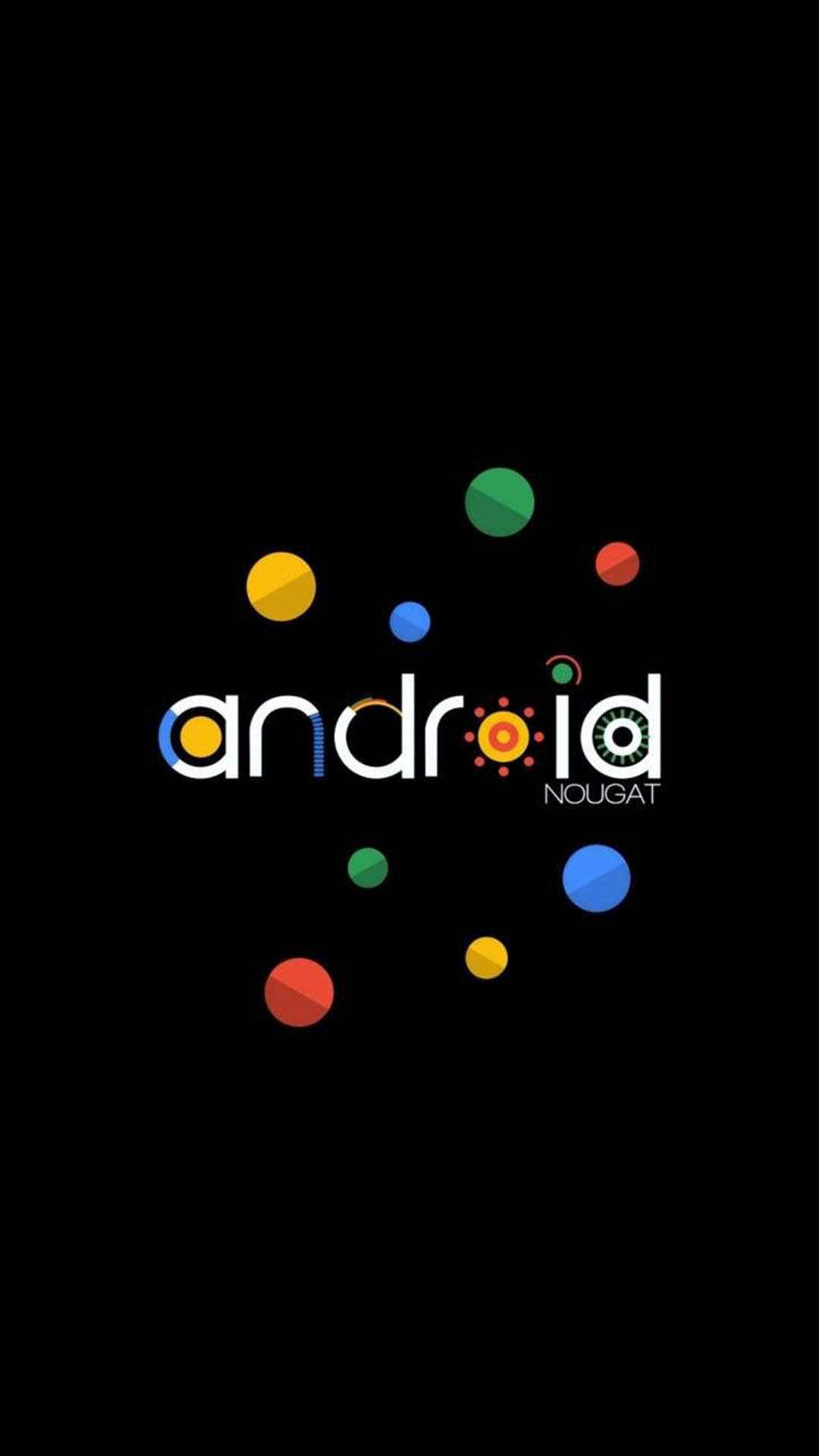 google 桌布 壁紙 — Android Nougat 標誌，黑色背景上漂浮著彩色圓點。