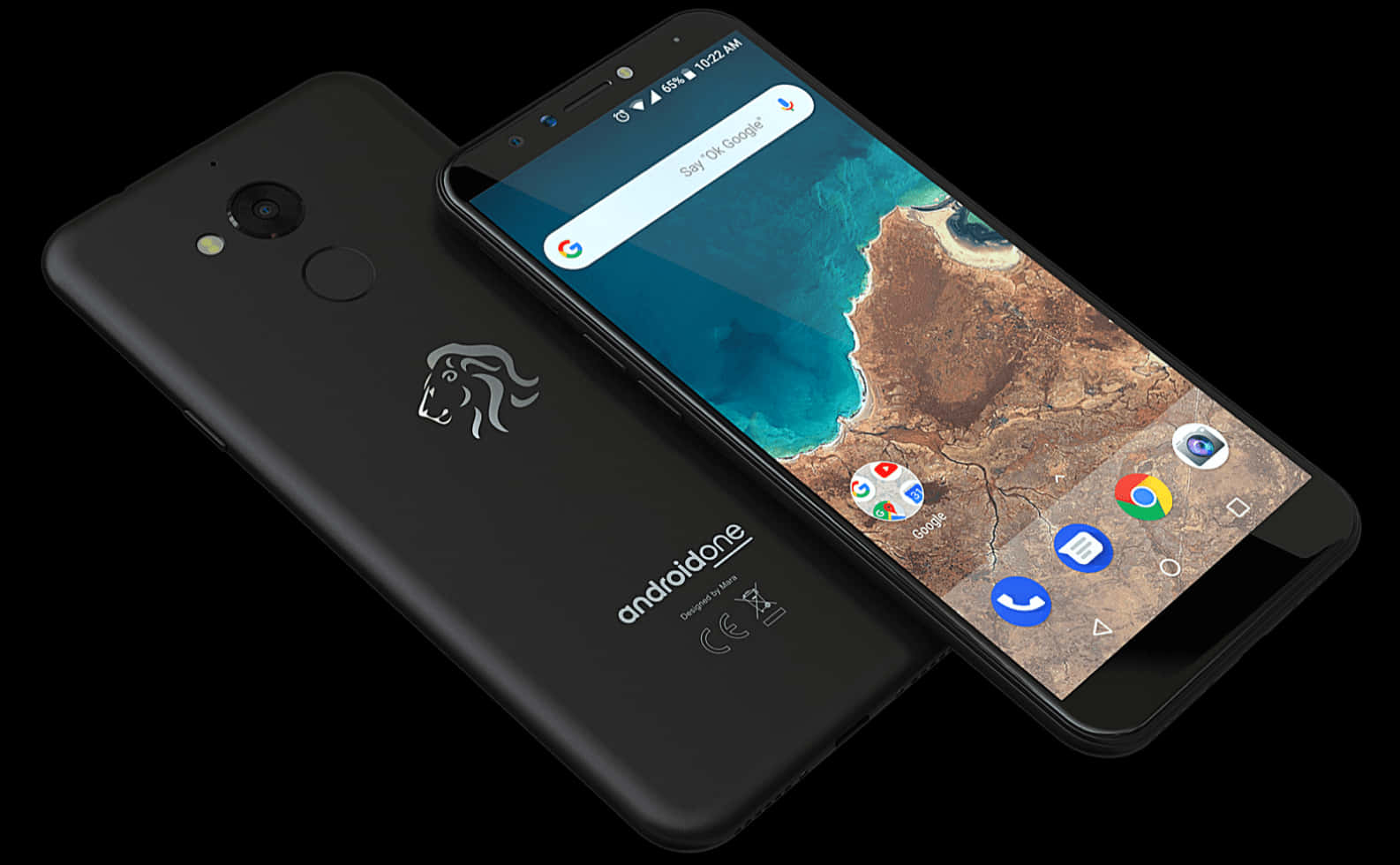 Android One智慧手機正面與背面 壁紙 — 兩部黑色AndroidOne智能手機傾斜靠在深色背景上，其中一部顯示海岸壁紙。