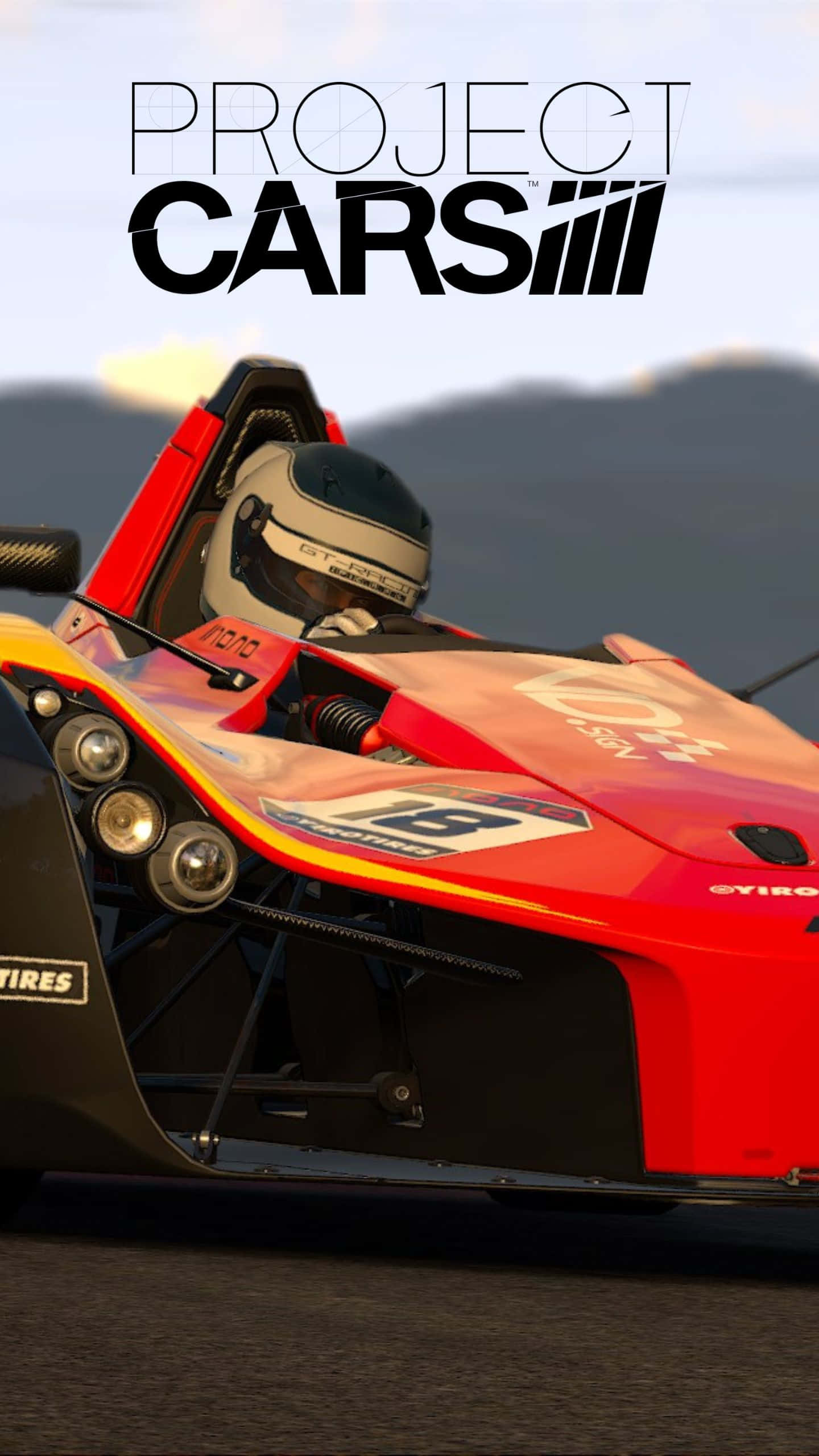 Android Project Cars：極速競技體驗 壁紙 — 一輛紅色賽車，車手戴著頭盔，在明亮的天空和山脈背景下在賽道上飛馳。