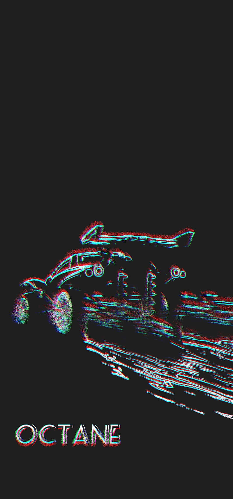 Android《Rocket League》黑色系 Octane 賽車背景 壁紙 — 一輛以故障藝術風格設計的怪獸卡車，帶有彩虹色差，在黑色背景上奔馳。