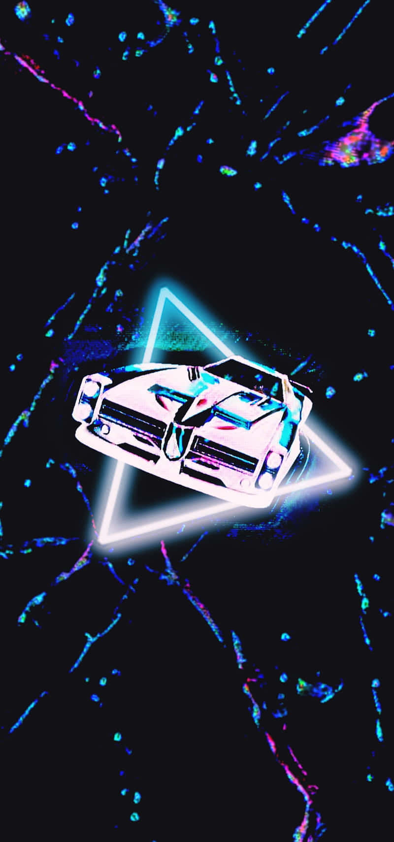 Android《Rocket League》霓虹風賽車向量藝術背景 壁紙 — 一輛發光的白色肌肉車漂浮在霓虹三角形內，背景是黑暗的宇宙，帶有電藍色和紫色條紋。
