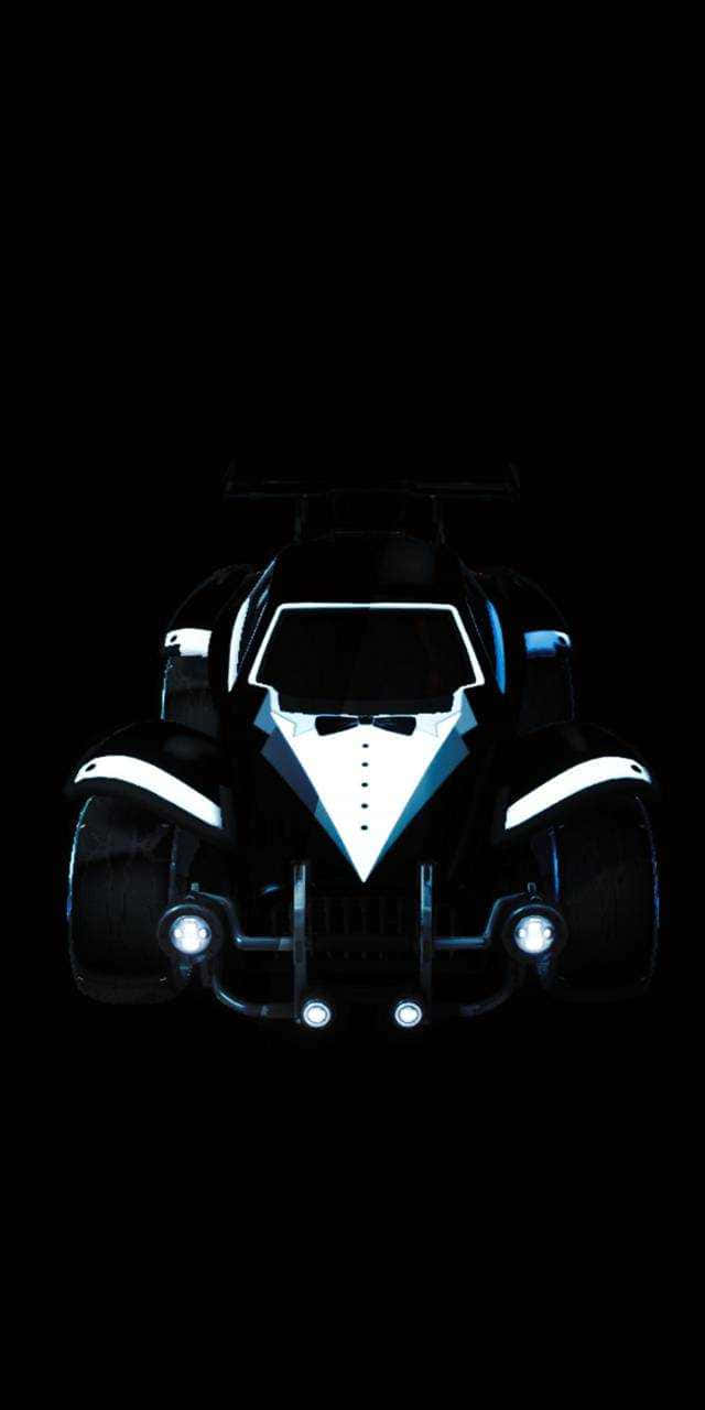 Android《Rocket League》燕尾服皮膚賽車背景 壁紙 — 一架時尚的黑色蝙蝠車，帶有發光的白色飾邊和車頭燈，在漆黑的背景下向前凝視。