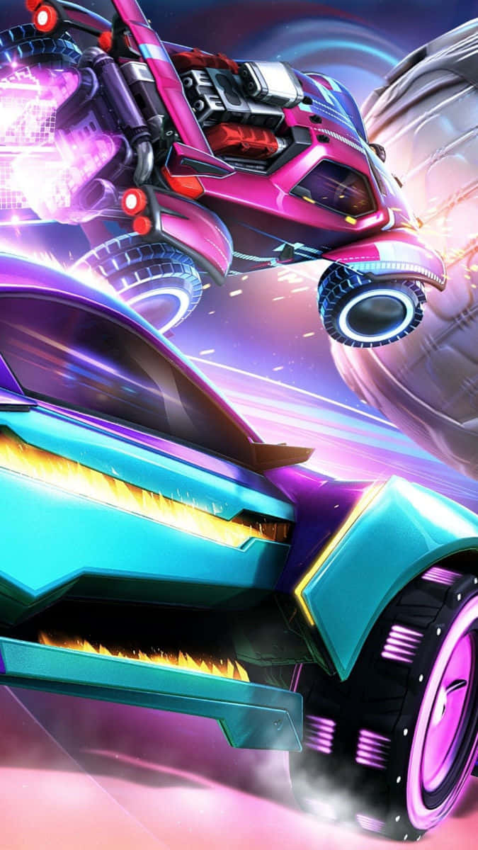 Android Rocket League 第二季預覽背景 壁紙 — 兩輛帶有發光霓虹燈的未來主義賽車在充滿活力的宇宙隧道中飛馳。