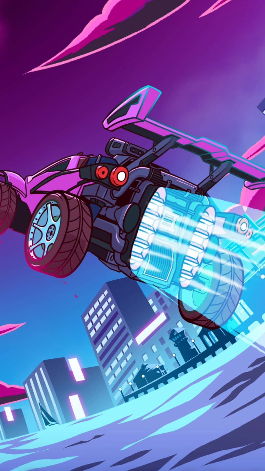 Android Rocket League飛行紫色Octane背景 壁紙 — 一架未來感的紫色賽車，帶著發光的藍色推進器，在黃昏時分飛越霓虹閃爍的城市景觀。