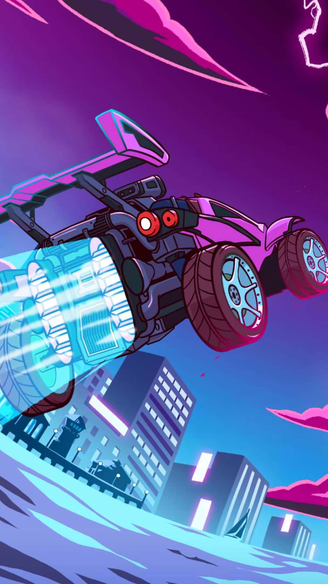 Android《Rocket League》漫畫風格背景 壁紙 — 一輛霓虹粉紅火箭車，帶有發光的藍色推進器，在紫色天空下的未來城市景觀上空翱翔。