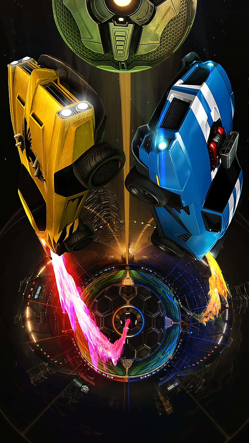 Android《Rocket League》黃藍車款背景 壁紙 — 兩輛未來主義賽車懸浮在發光的圓形賽道上，在科幻競技場中發射彩色能量光束。