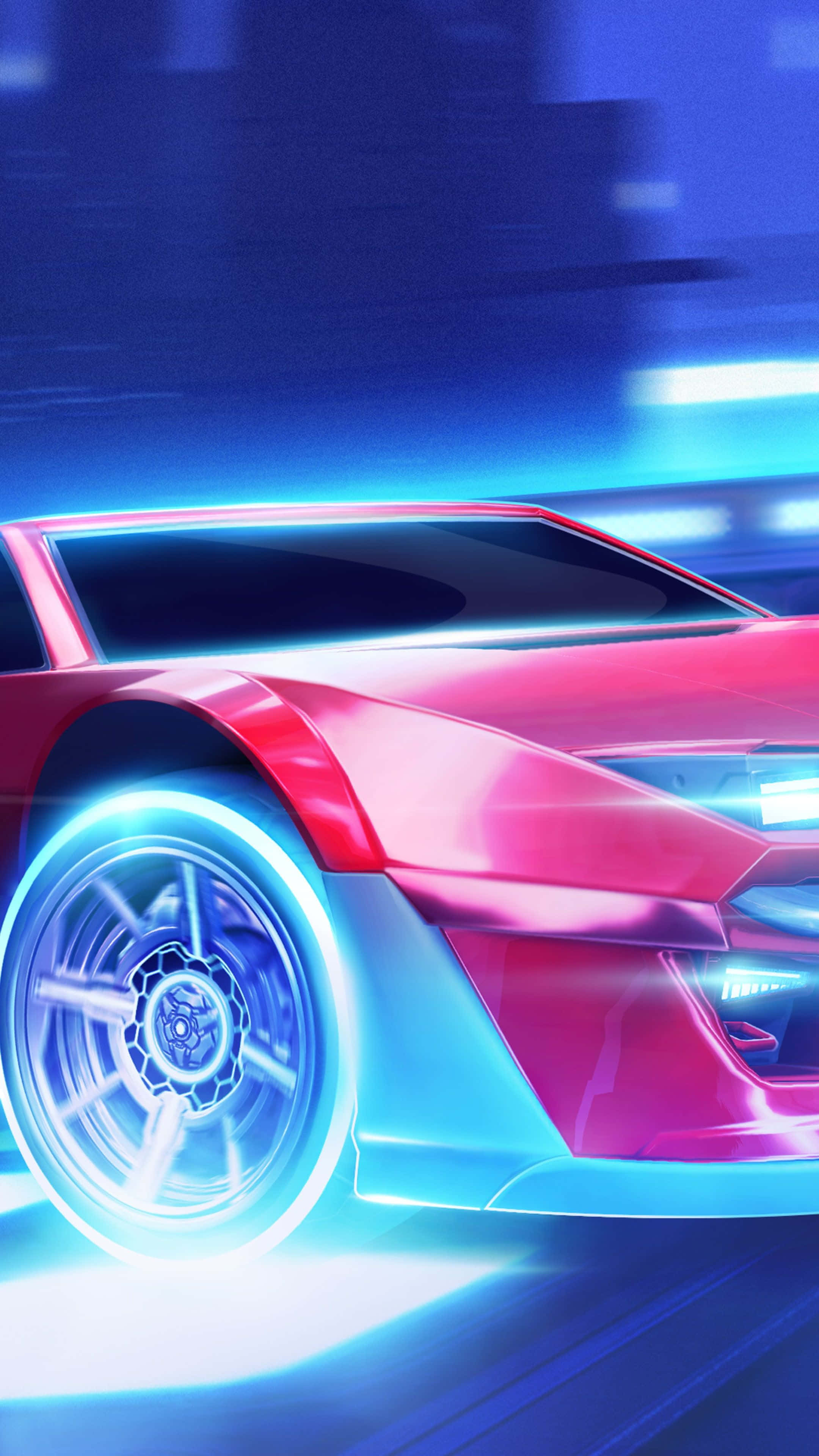 Android Rocket League Imperator DT5背景 壁紙 — 一輛時尚的紅色跑車配備發光藍色車輪，在霓虹燈照亮嘅城市夜景中飛馳。