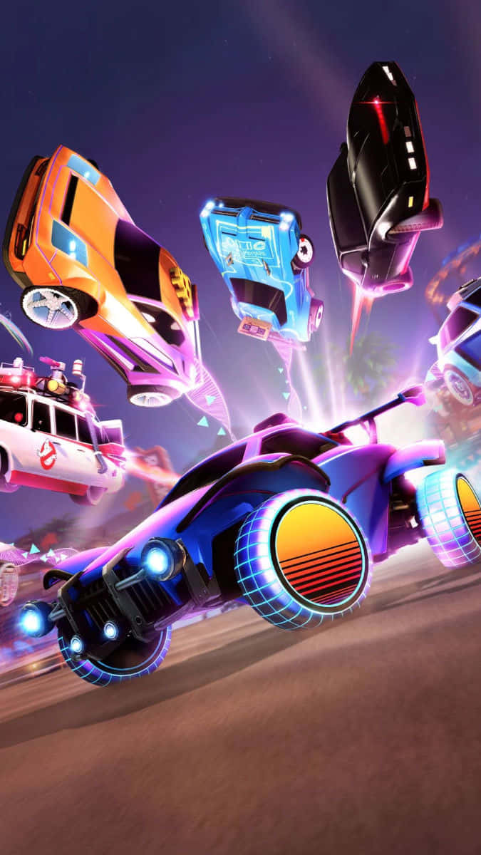 Android Rocket League Radical Summer預覽背景 壁紙 — 充滿活力的霓虹賽車在暮色沙漠天空中高速飛行追逐。