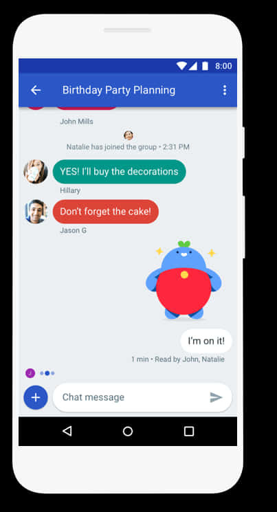Android聊天應用程式生日派對籌備 壁紙 — 智能手機屏幕顯示一個名為「生日派對策劃」的群組聊天，內容包括購買裝飾品和蛋糕的訊息，以及一個藍色卡通角色貼紙。