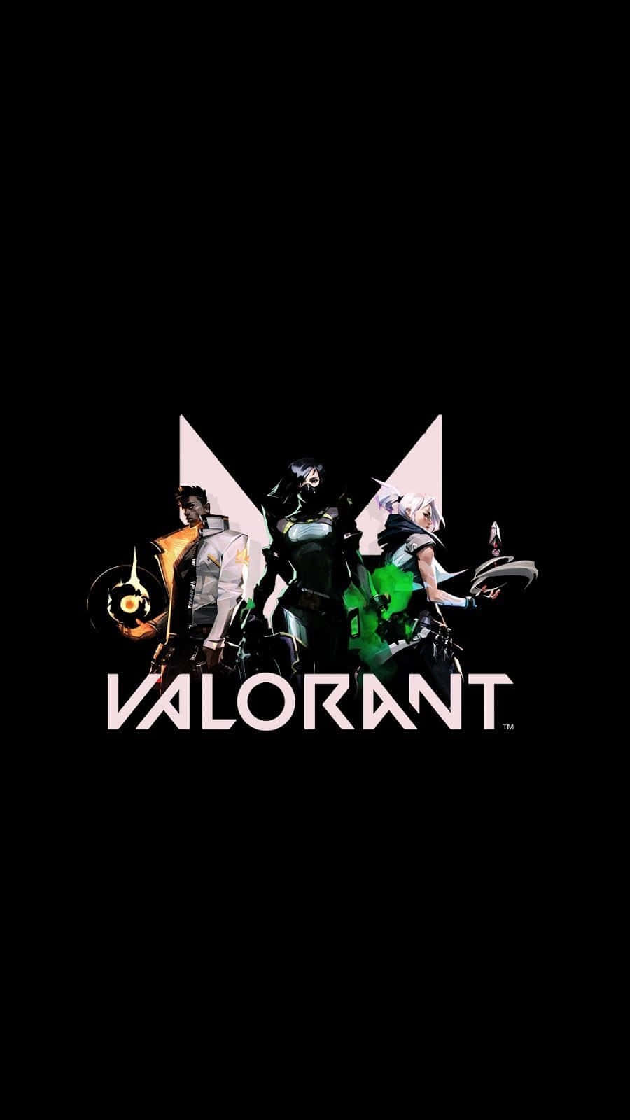 Android Valorant — 移動平台上的終極 FPS 體驗 壁紙 — 三位 Valorant 特工以風格化三角形排列，背景為黑色，下方有發光武器和遊戲標誌。